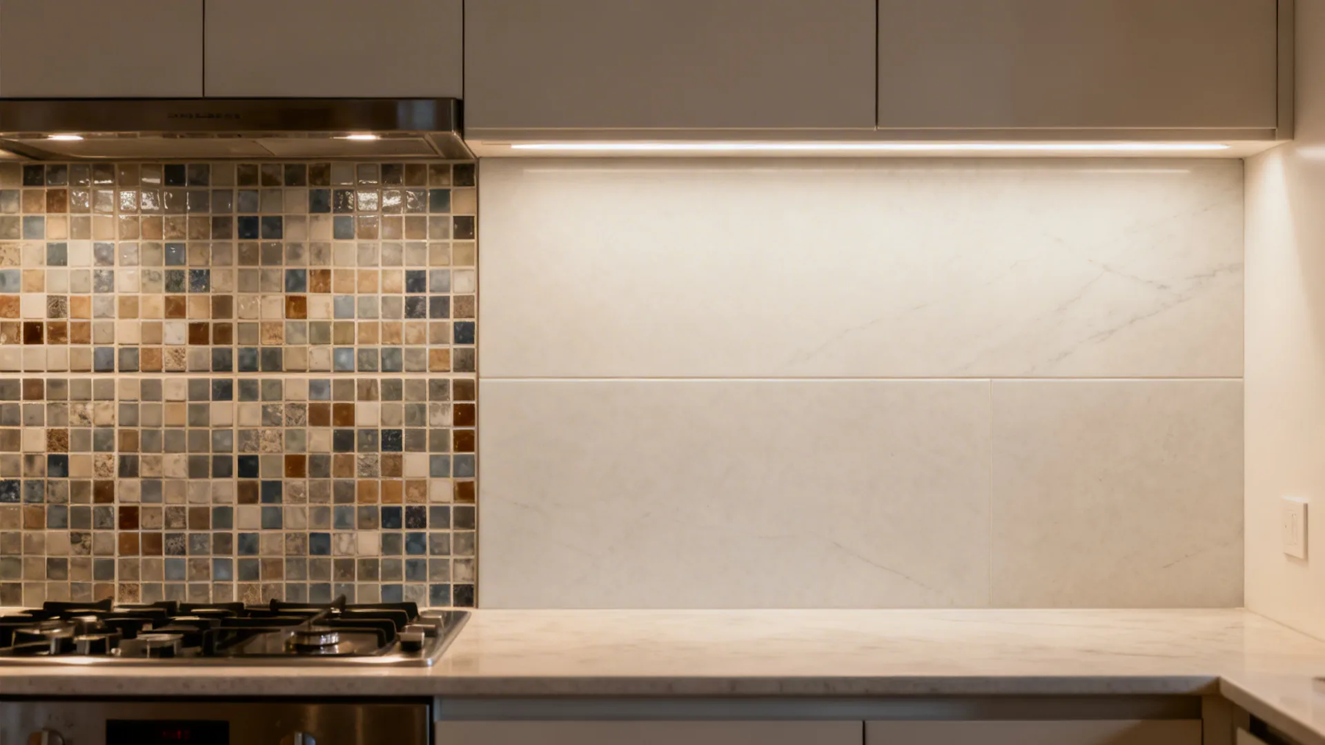 Before busy tiled backsplash versus after seamless porcelain slab in the same compact kitchen.