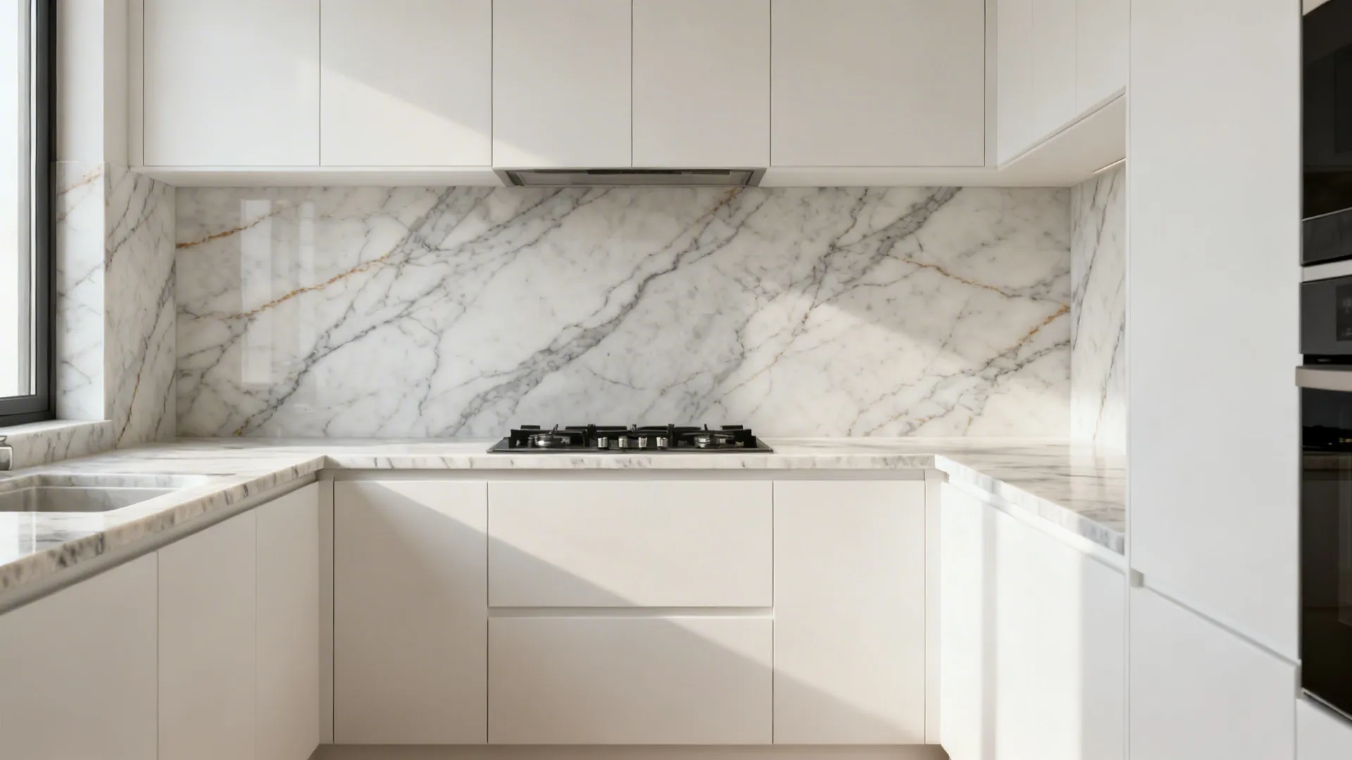 White cabinet U-shaped kitchen with full-height veined quartz slab backsplash.