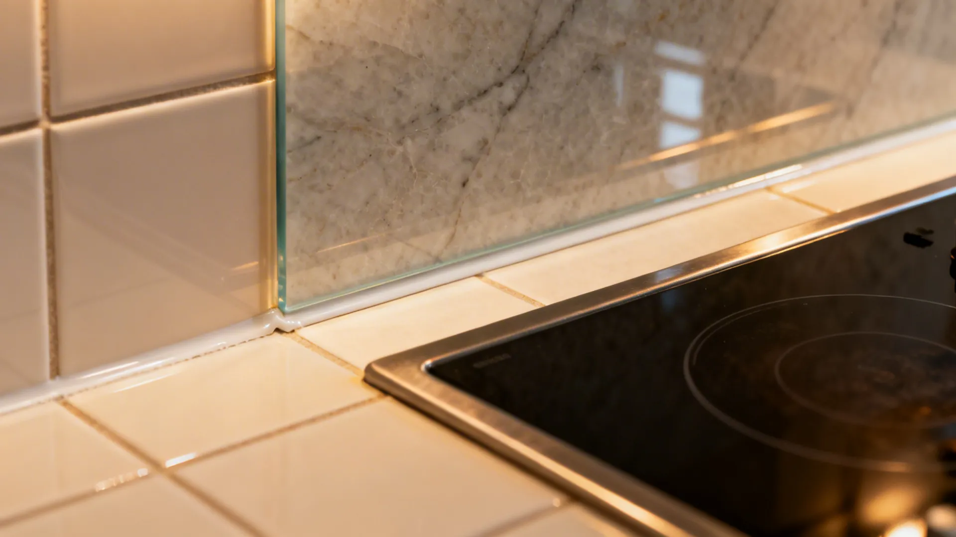 Macro of seamless glass or quartz slab backsplash meeting ceramic tiles cleanly.