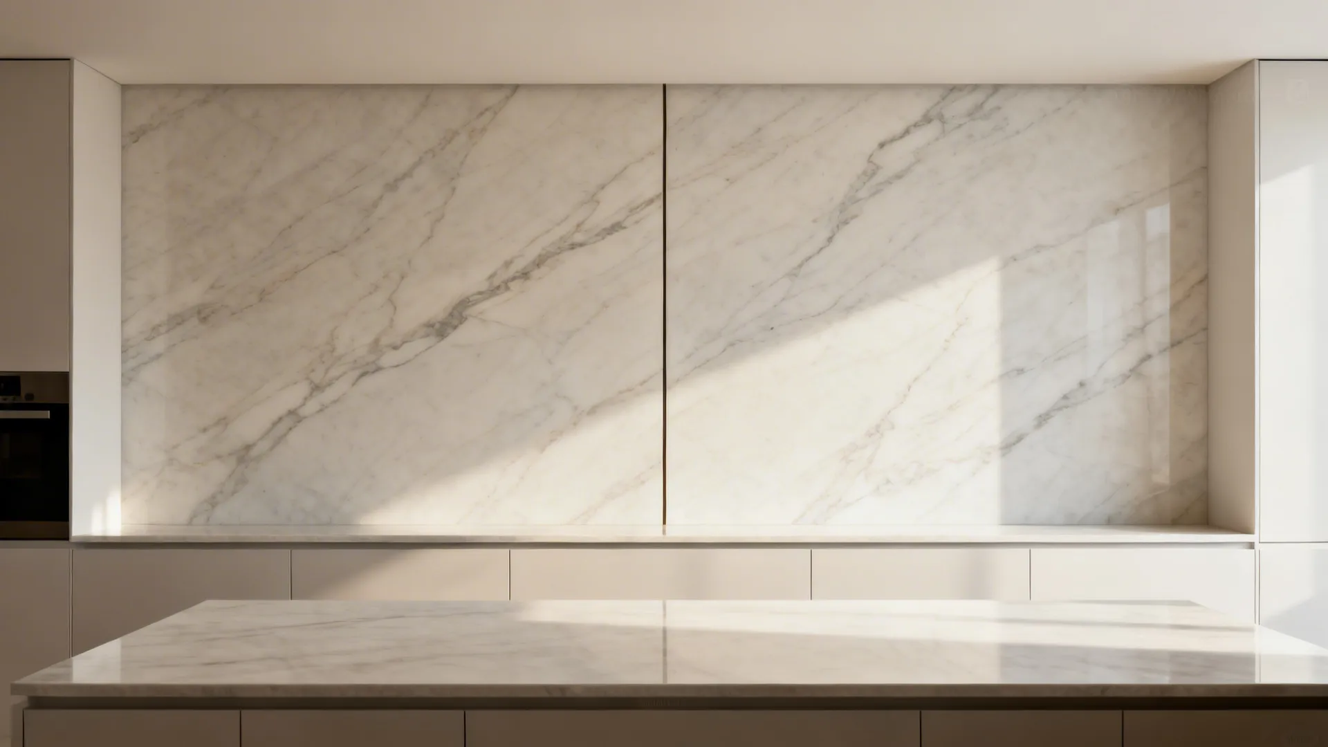 Large-format porcelain slab backsplash with subtle veining and minimal seams in a compact kitchen.