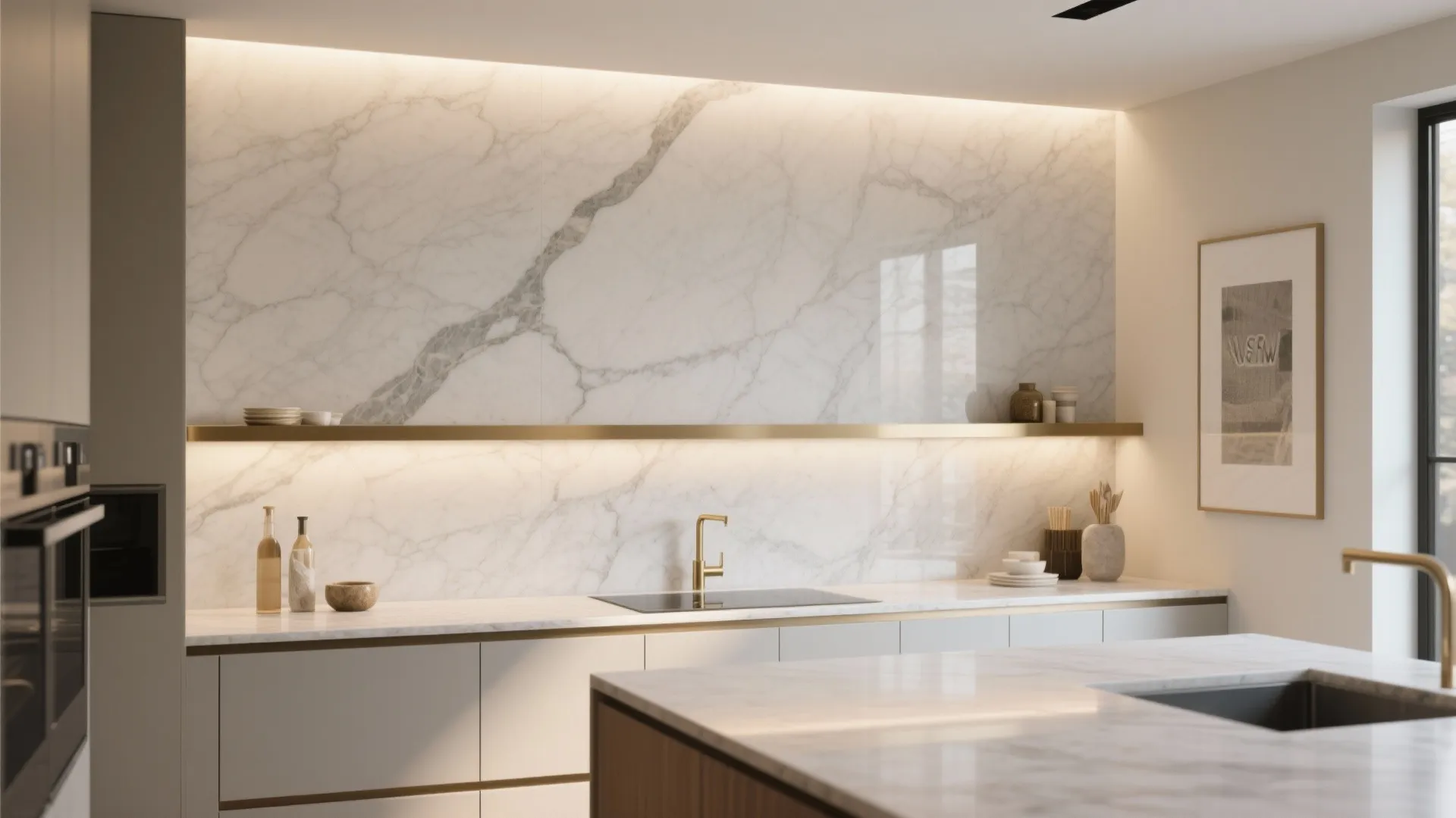 1) Seamless Stone Surfaces: Slab Backsplash + Waterfall Counter