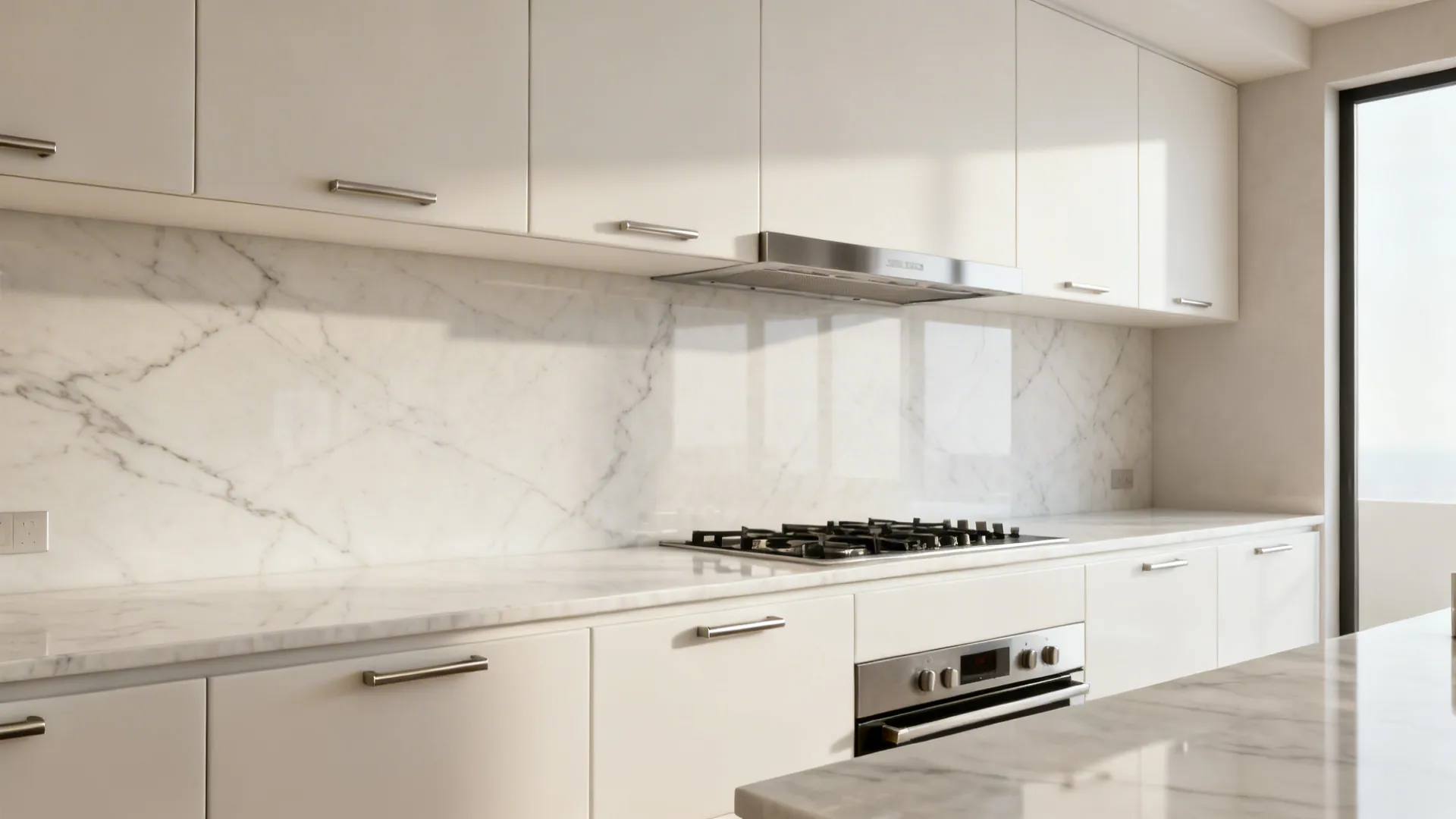 Modern kitchen with a seamless porcelain slab backsplash in matte finish.