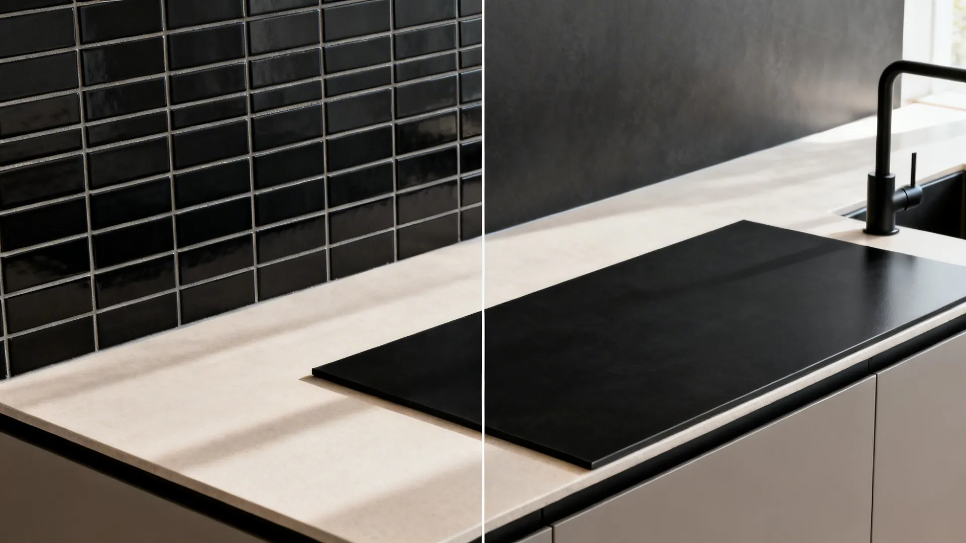 Split view comparing many small tiles before and a seamless black slab after.