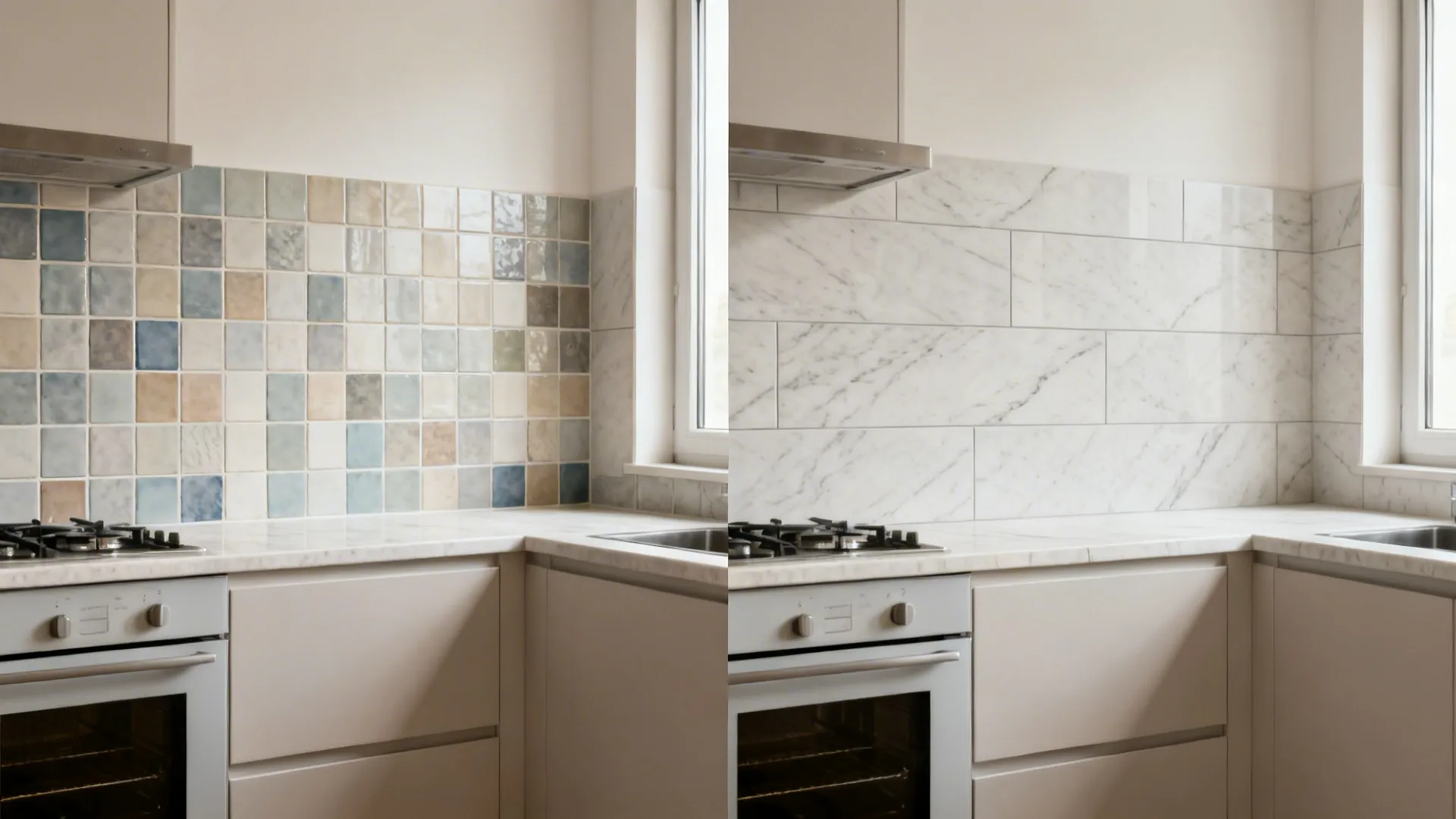 Before-and-after view replacing a busy tiled backsplash with a seamless large-format porcelain slab.