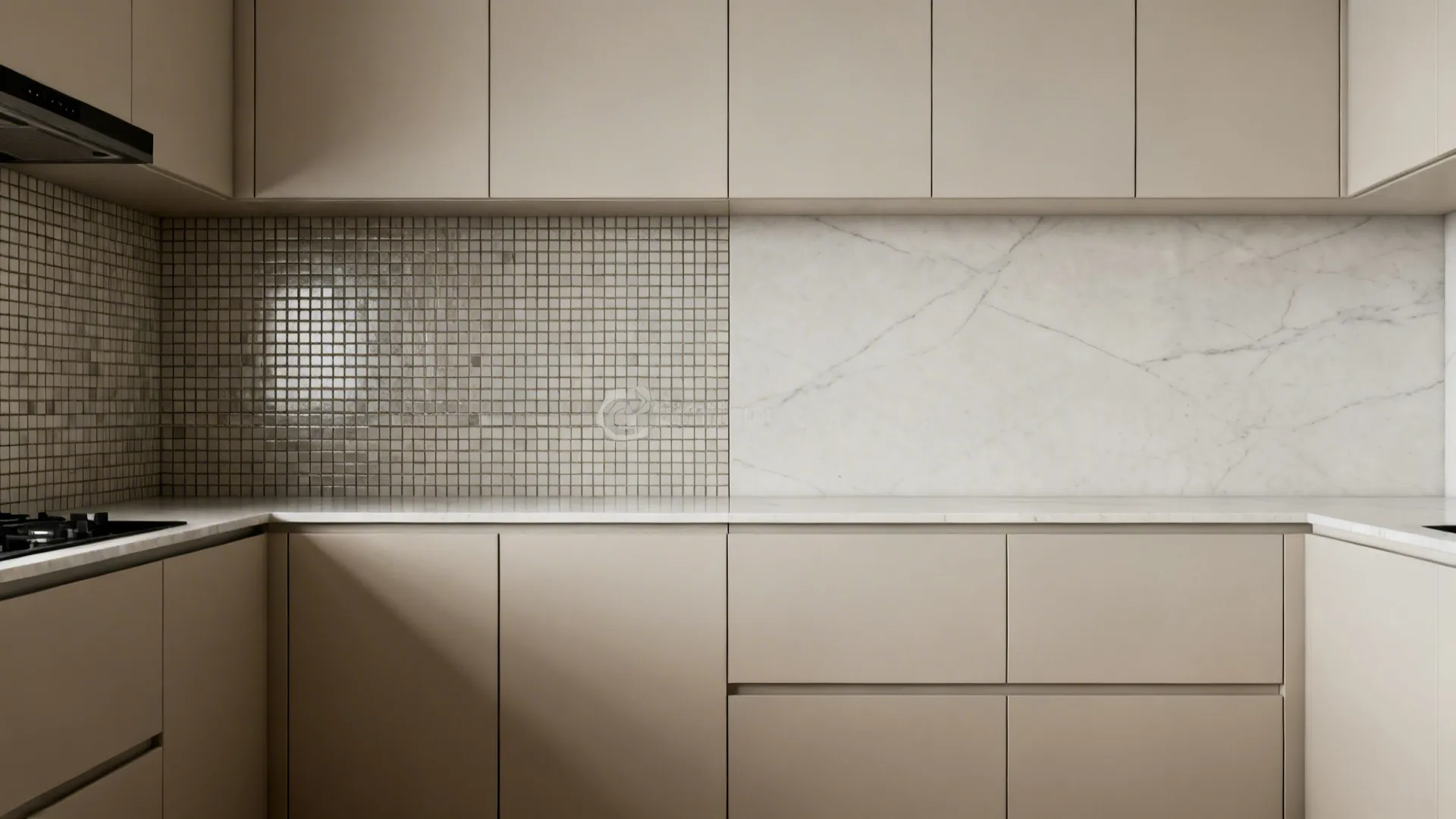 Before with many grout lines versus after with a seamless porcelain slab backsplash in a small kitchen.