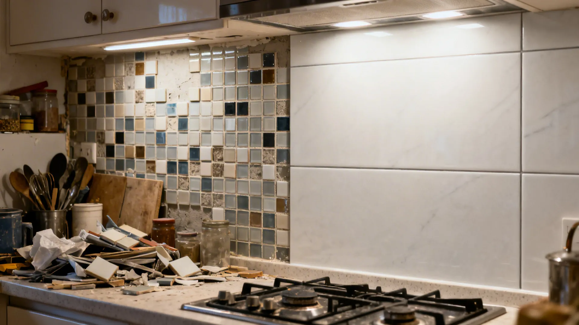 Split view showing a busy small-tile backsplash before and a seamless large-format slab after in the same kitchen.