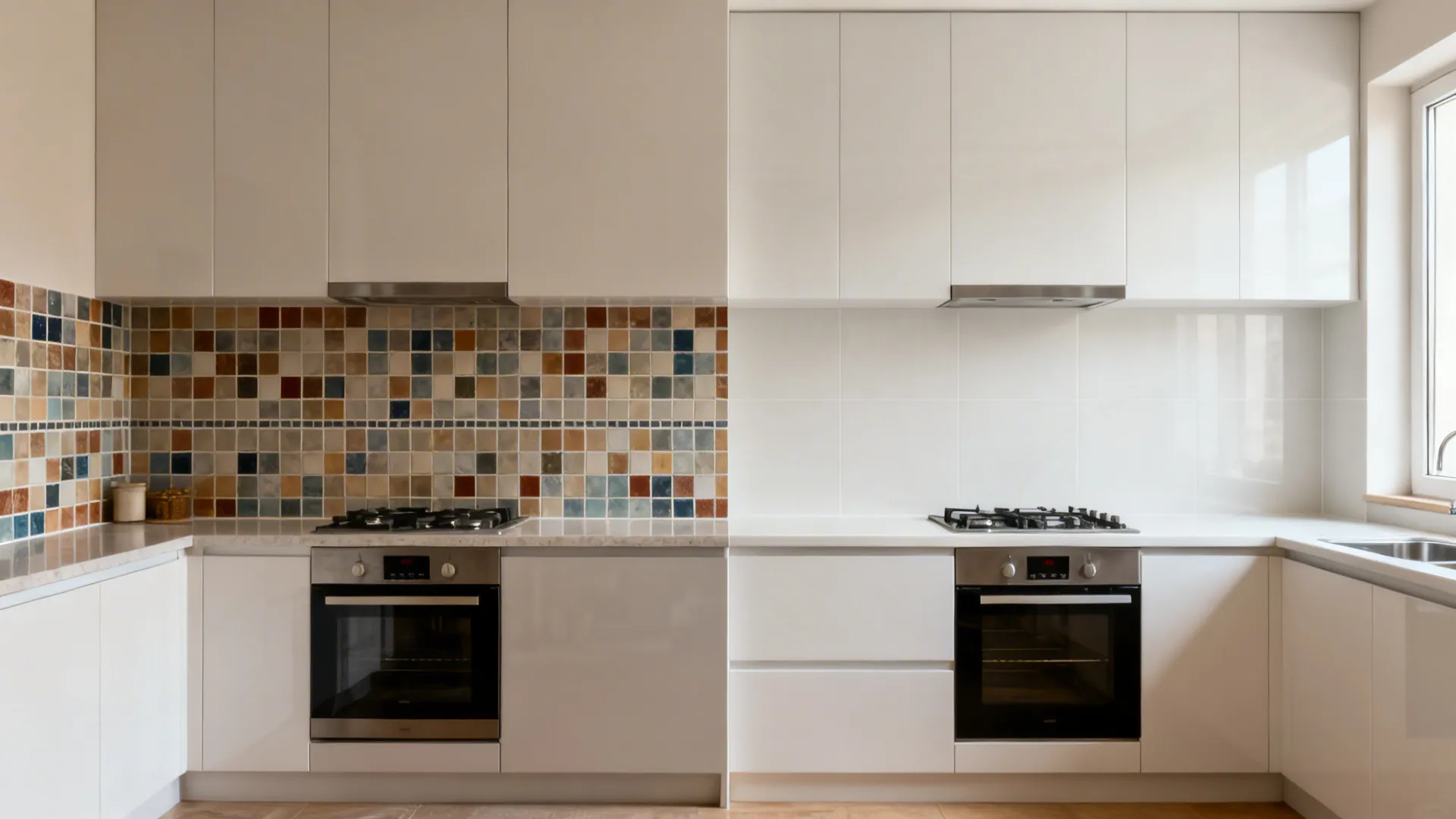 Before-and-after of a small kitchen replacing busy mosaic with a seamless full-height slab backsplash.