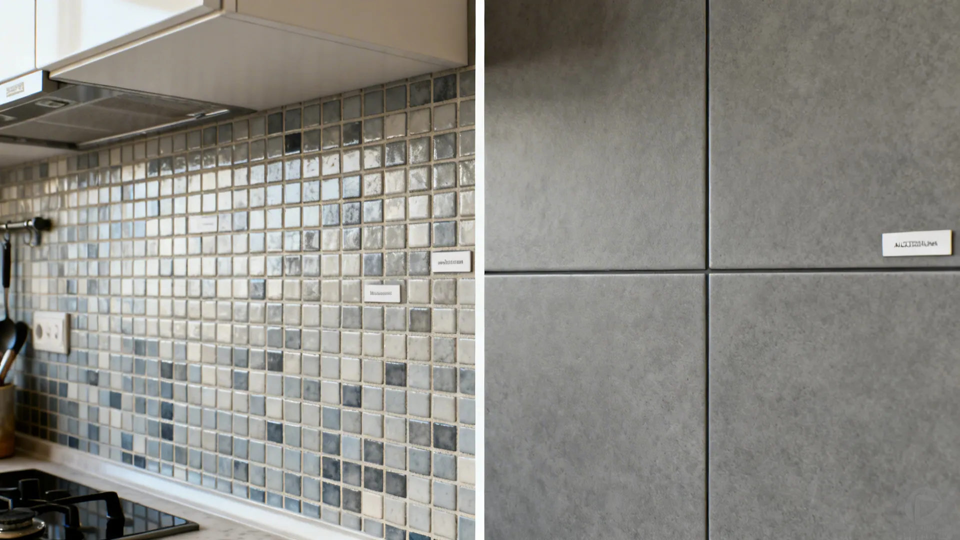 Split view showing many grout lines before and large matte slabs after in a small kitchen.