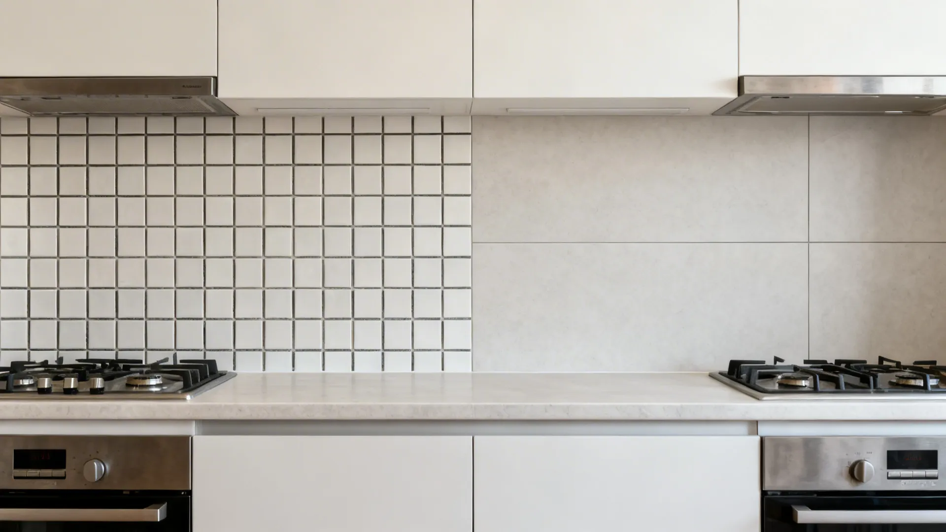 Before-and-after of cookline showing many grout joints replaced by a seamless slab.