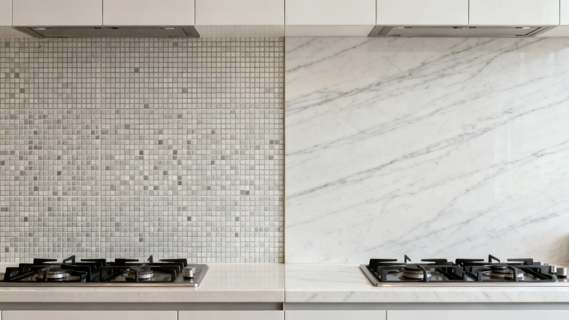 Split view comparing tiled backsplash with grout lines versus a seamless porcelain slab behind the range.