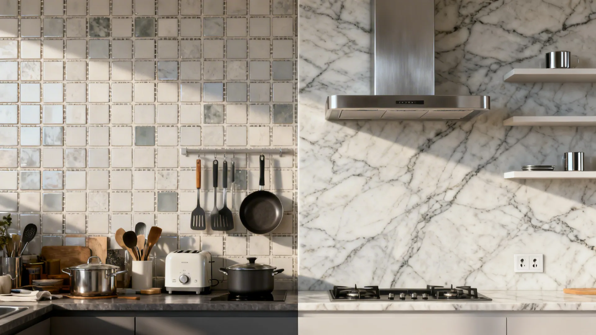 Split view showing a tiled backsplash before and a seamless full-height slab after.
