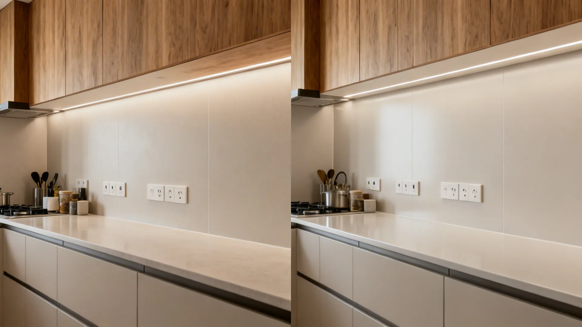 Before-and-after of a compact kitchen wall changing from a short backsplash to a full-height porcelain slab.