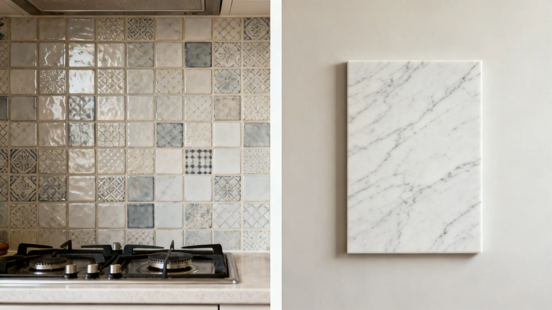 Split view comparing multi-tile backsplash to a seamless porcelain slab behind a range.