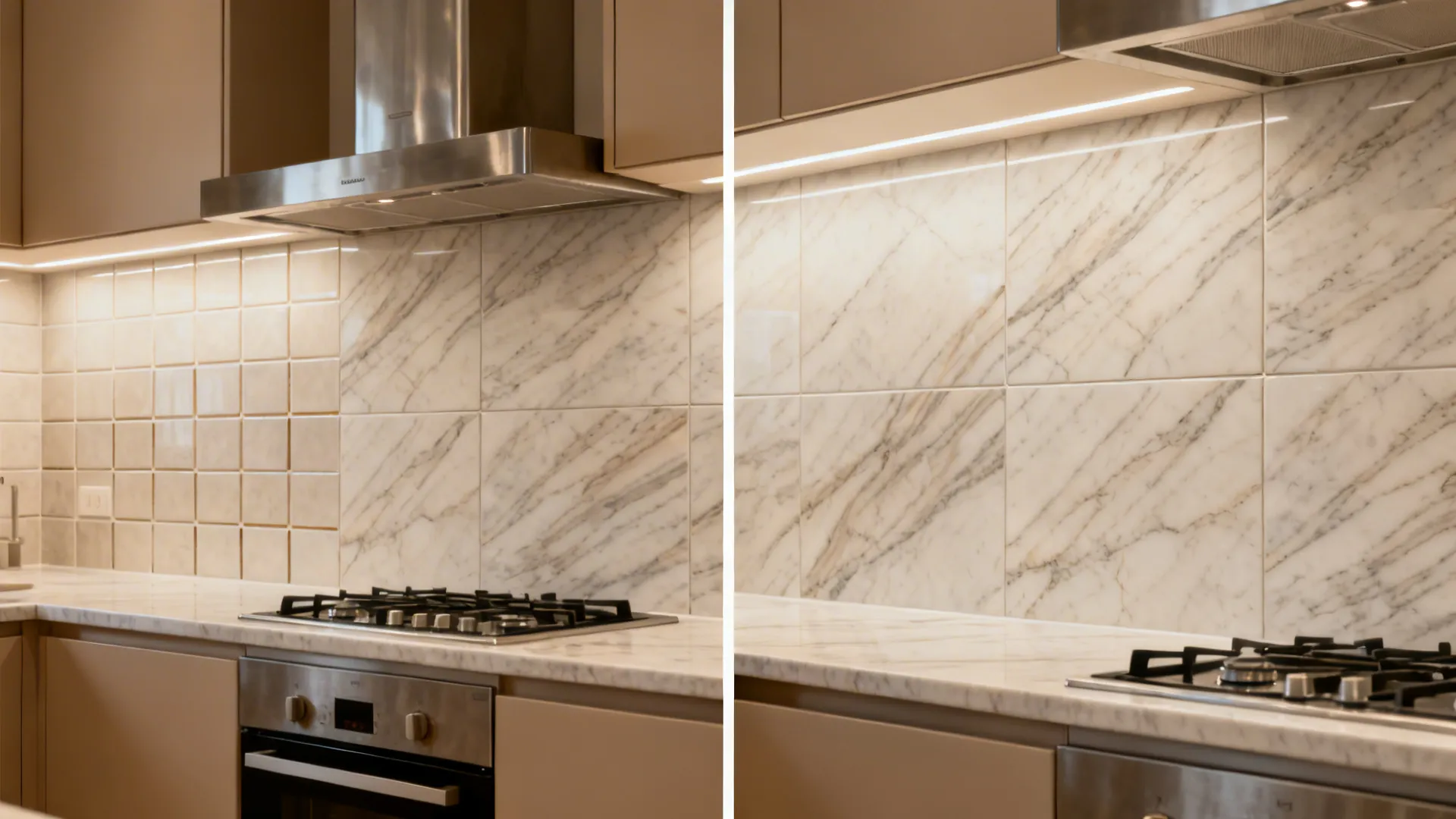 Before-and-after showing small-tile backsplash replaced by a seamless porcelain slab.
