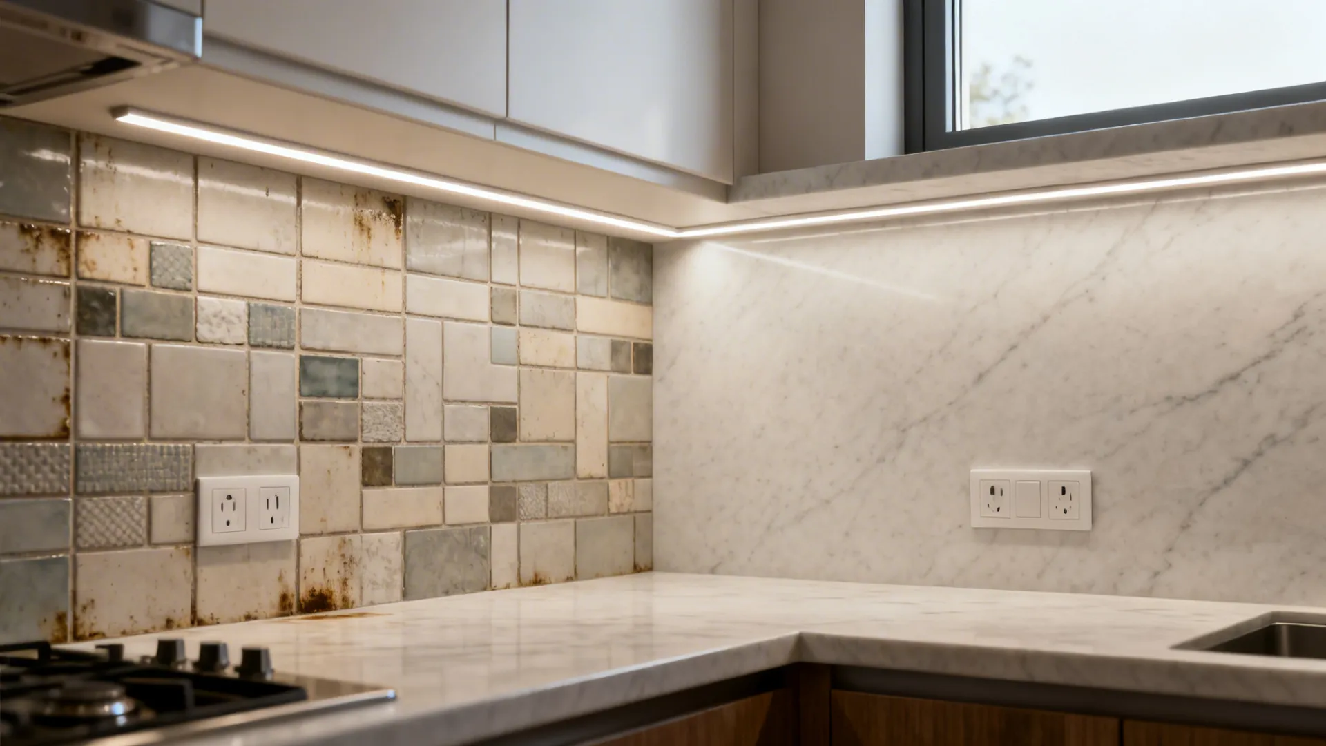Comparison of small kitchen backsplash before with busy tile and after with a seamless full-height slab.