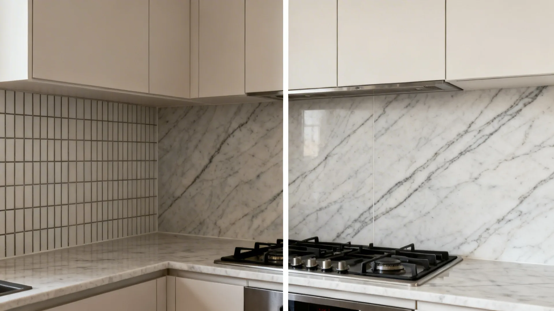 Before-and-after showing busy tiled backsplash replaced by a seamless slab with flowing veining.