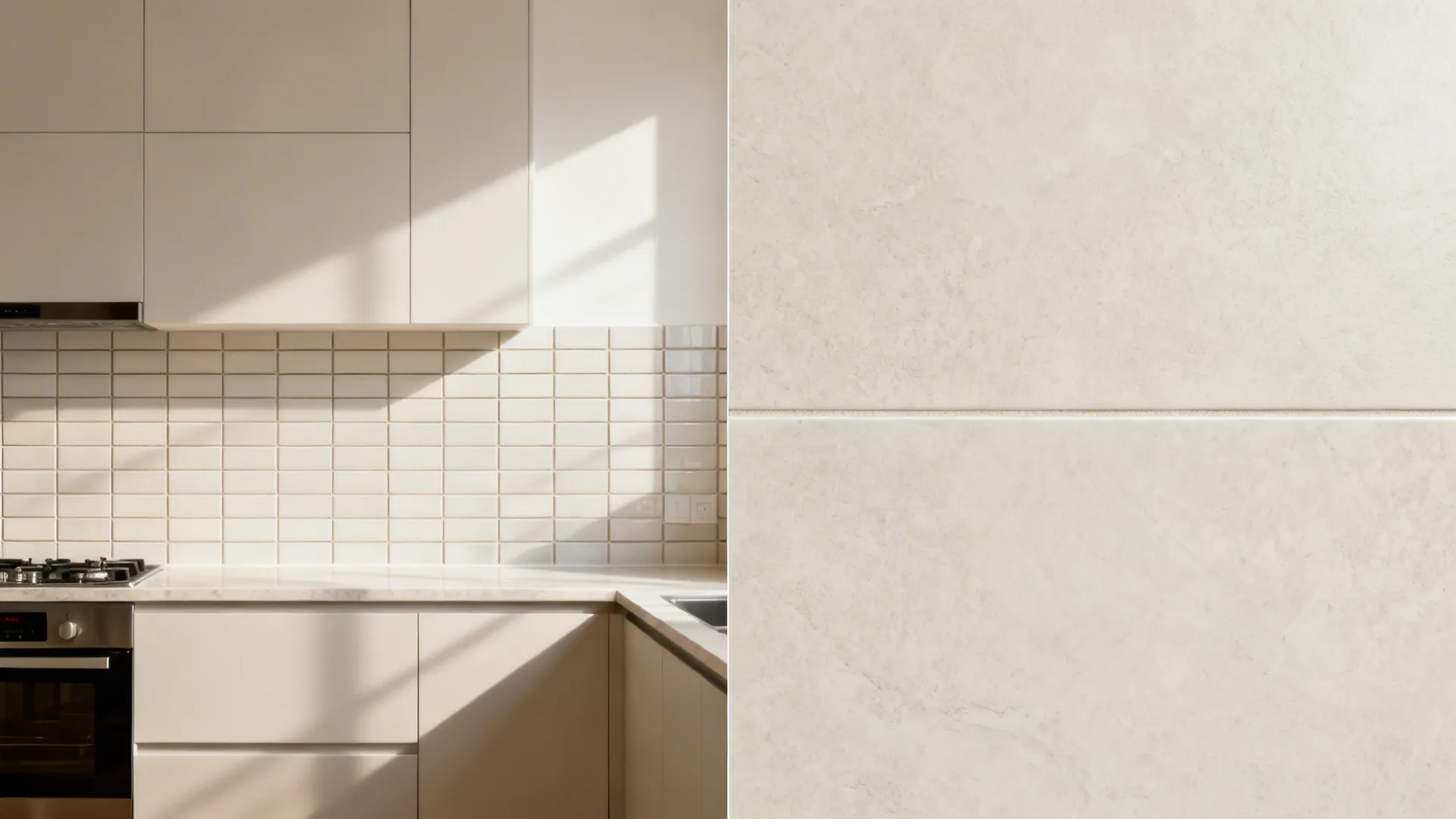 Before and after backsplash showing many grout lines replaced by a seamless porcelain slab.