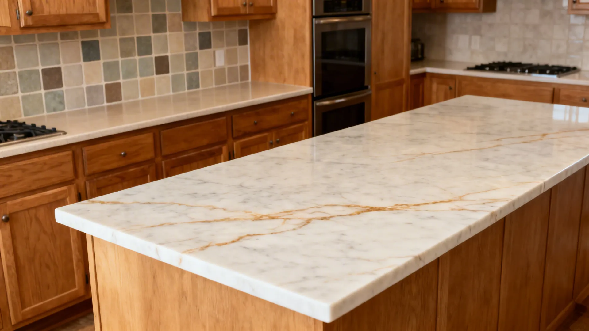 Before-and-after view replacing tiled backsplash with a seamless quartz slab behind maple cabinets.