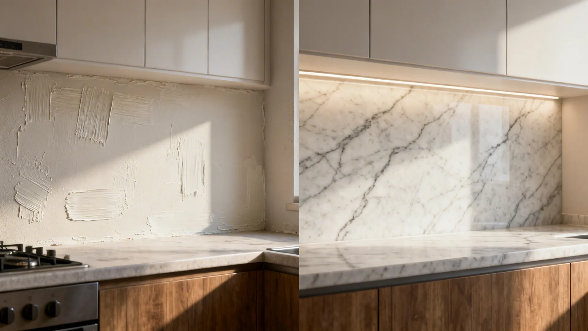 Side-by-side view showing a wall before and after adding a quartz slab backsplash.