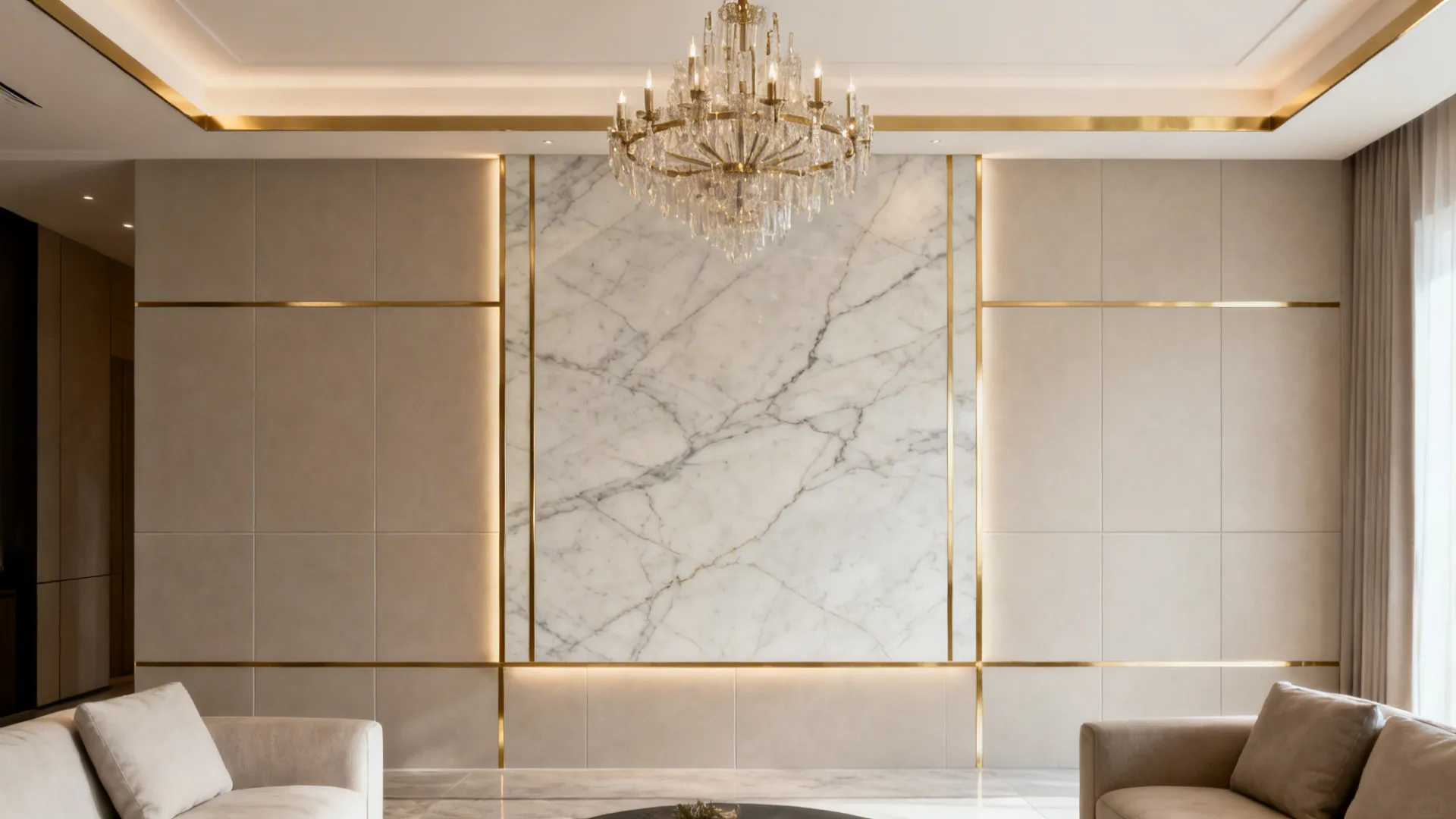 Stone-look slab centerpiece with thin brass inlay beneath a chandelier in a modern living room.