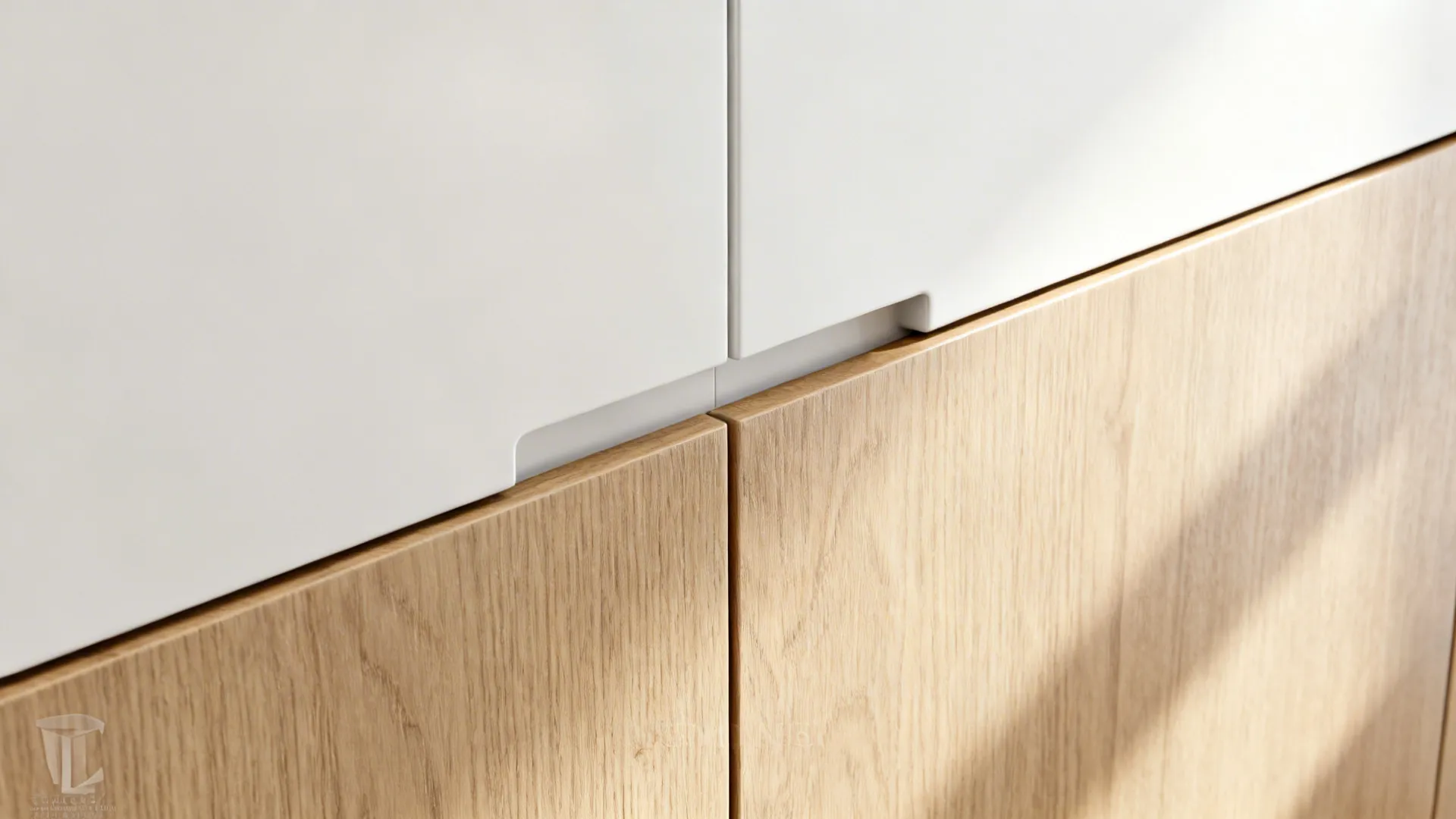 Macro of frameless slab cabinet reveal with matte white and light oak finishes.