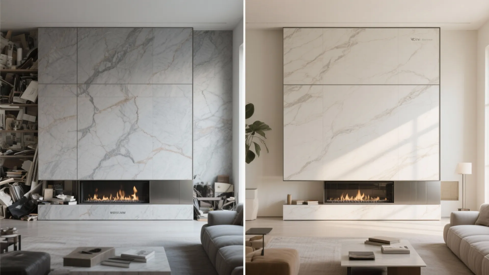 Before and after comparison of living room wall design with marble tiles and a fireplace