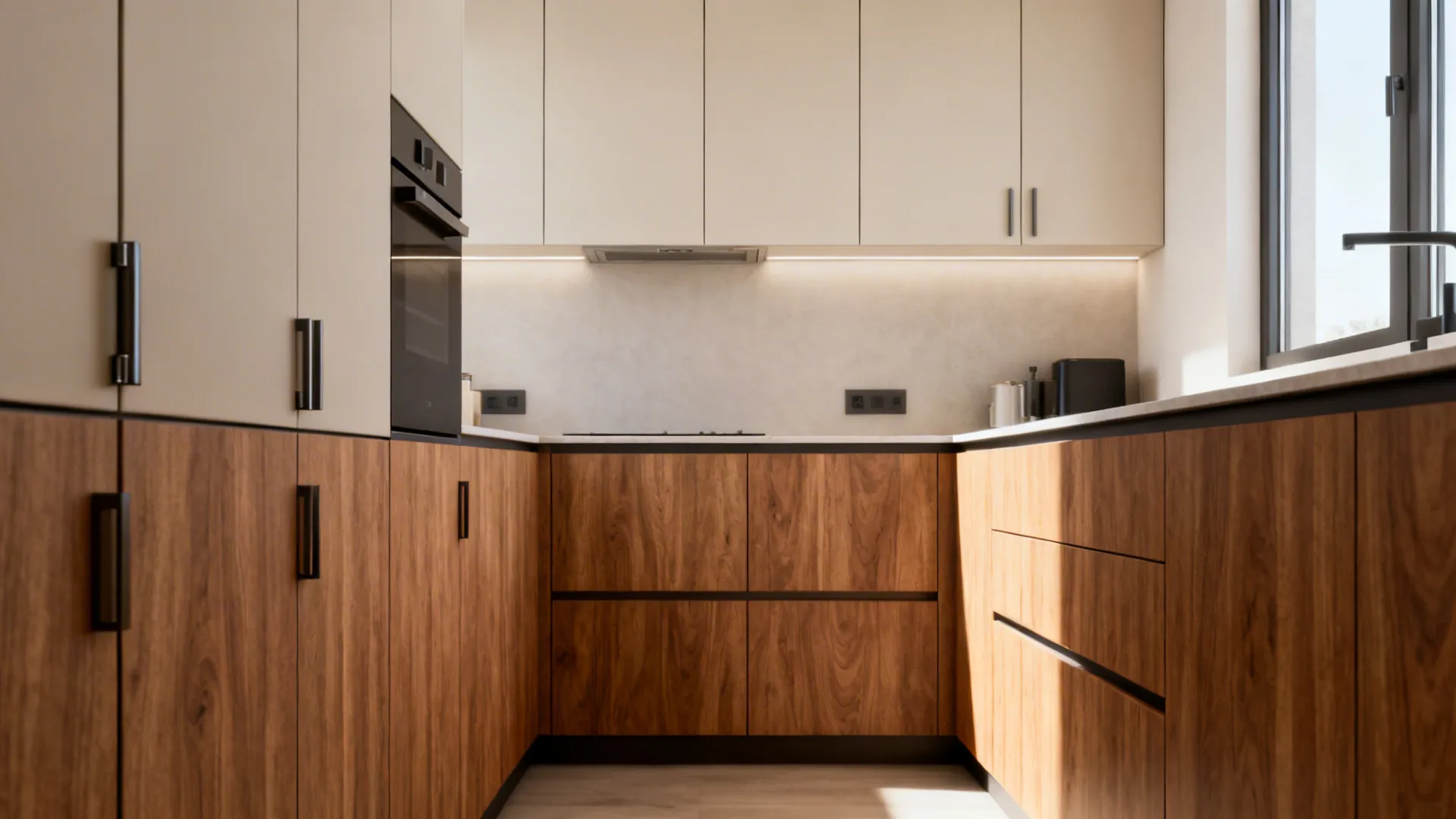 Contemporary micro-loft kitchen with matte slab doors, concealed hinges, and aligned wood grain.