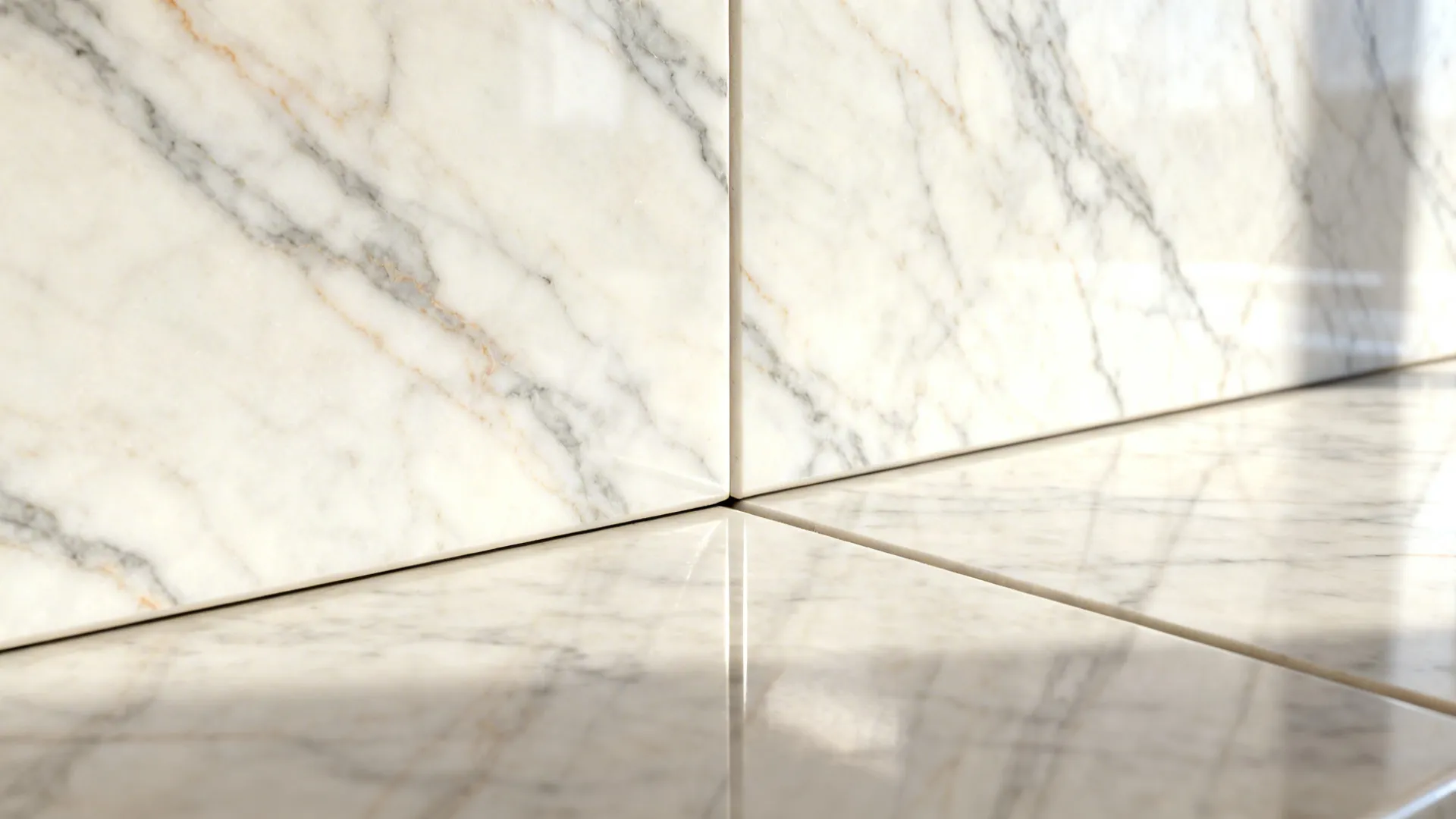 Macro of veined quartz backsplash and counter seam with soft warm gray veining.