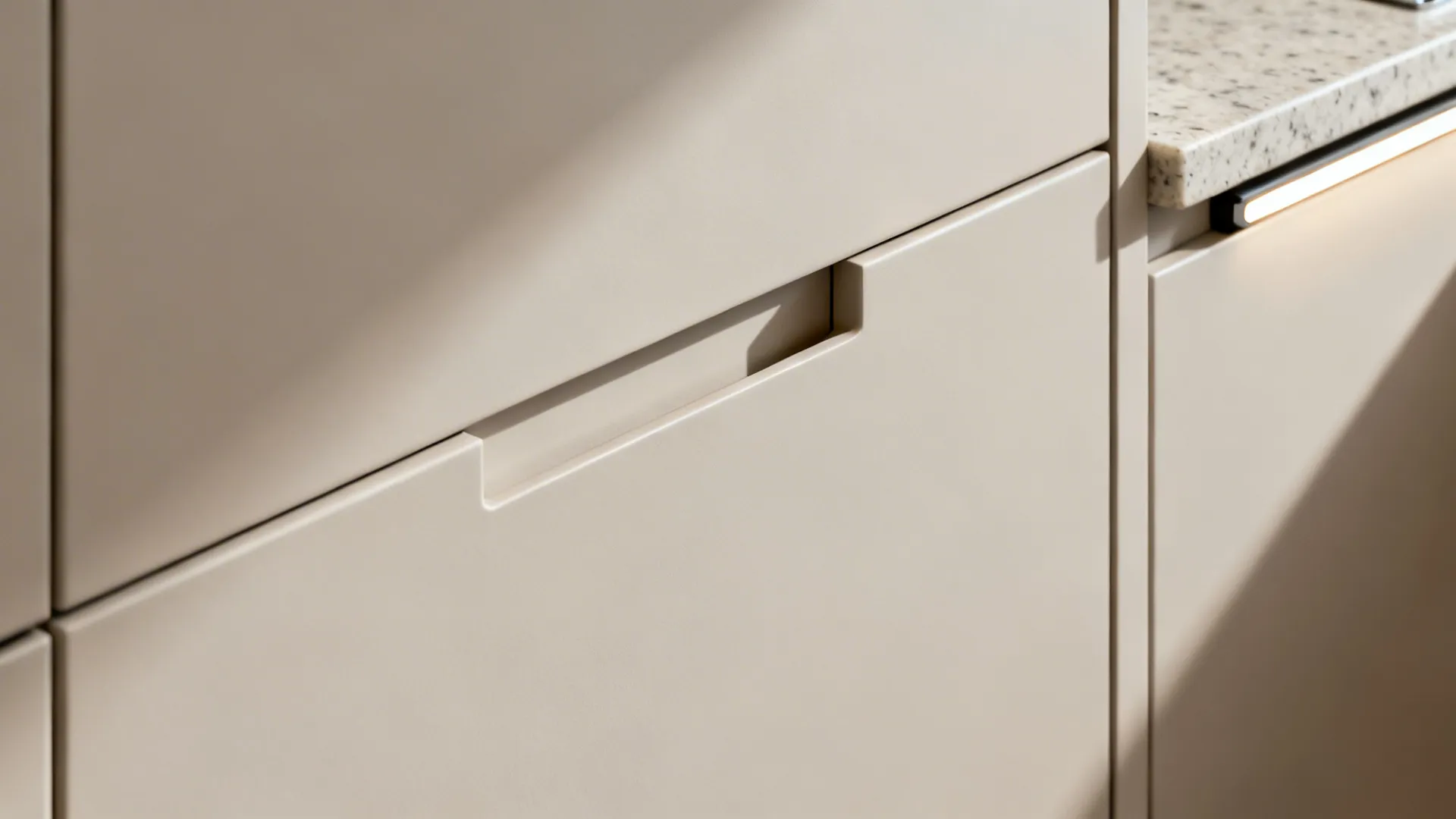 Close-up of a matte slab cabinet door with an integrated pull under soft daylight.