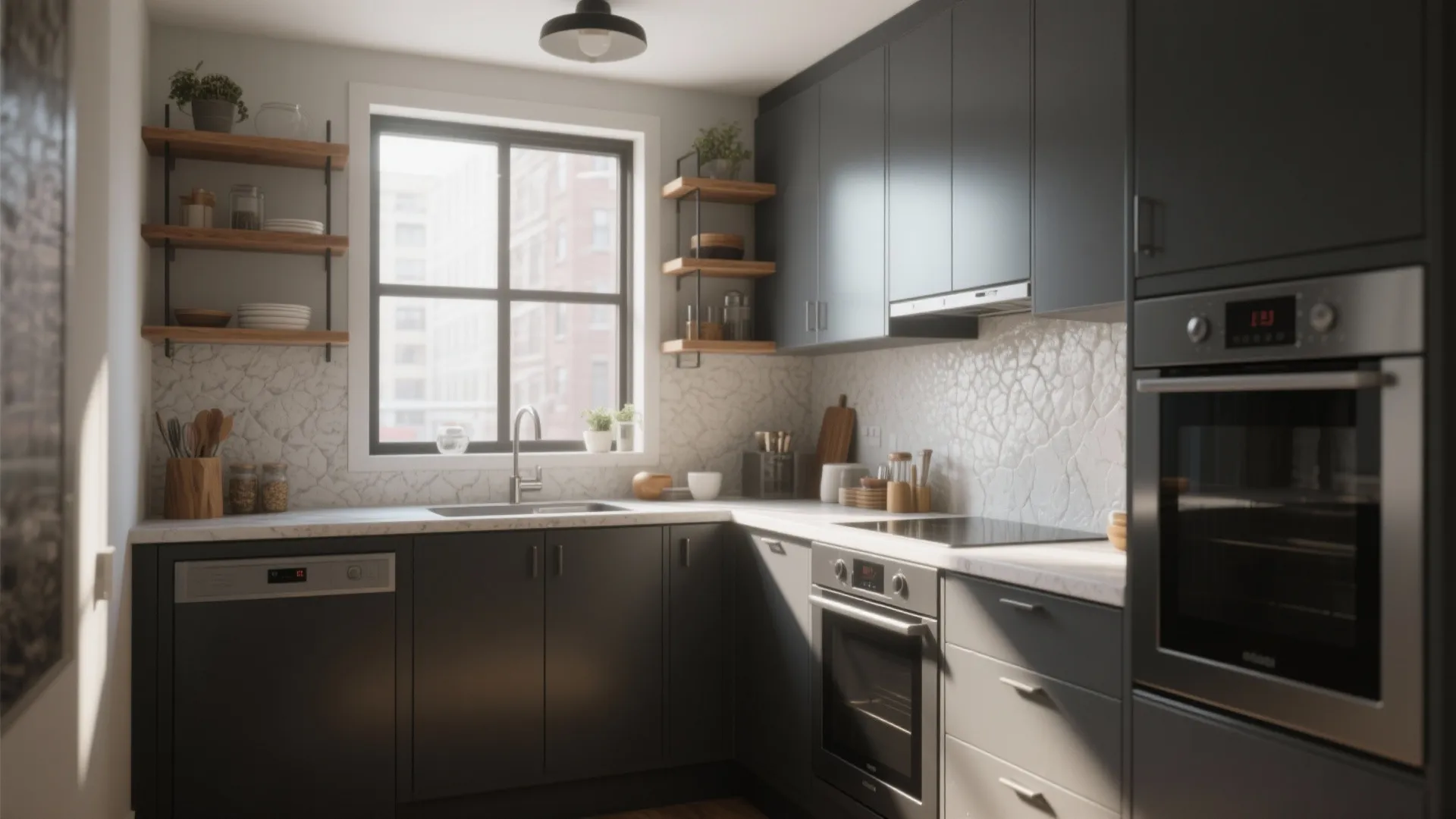 Modern kitchen with dark grey cabinets white marble countertop wooden shelves sink oven and natural light