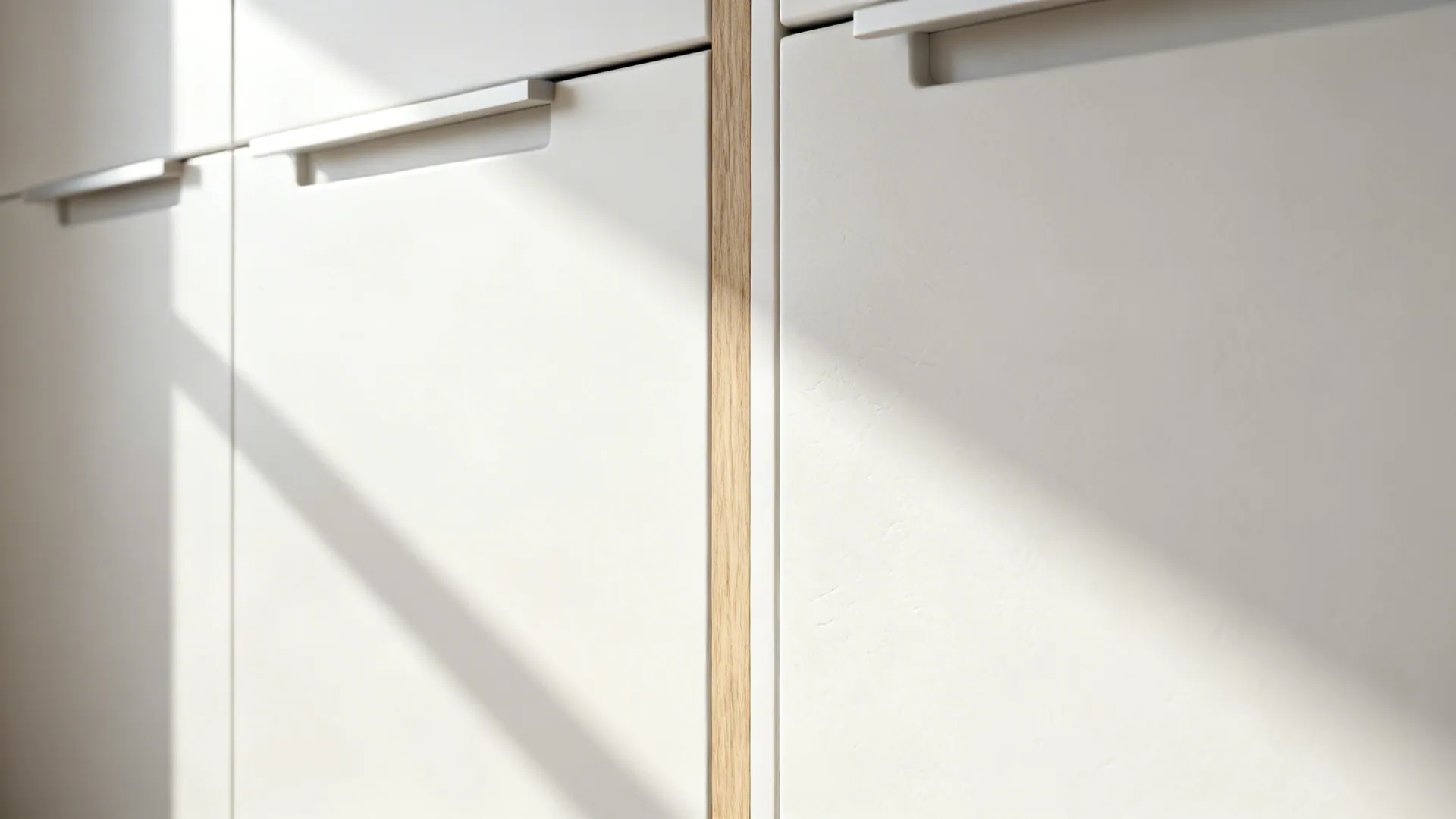 Close up of white minimalist kitchen cabinet doors with wood detail and small silver metal handles