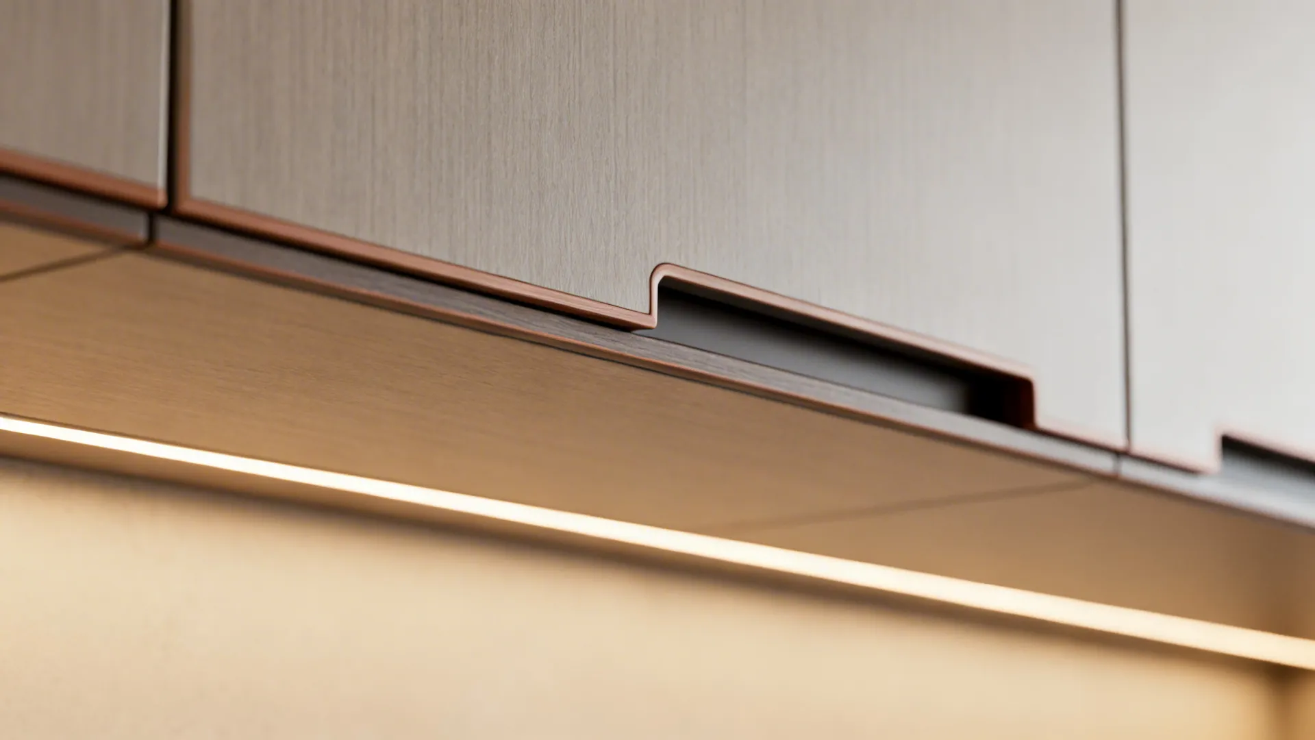 Macro of matte slab cabinet with integrated pull and precise alignment in warm light.