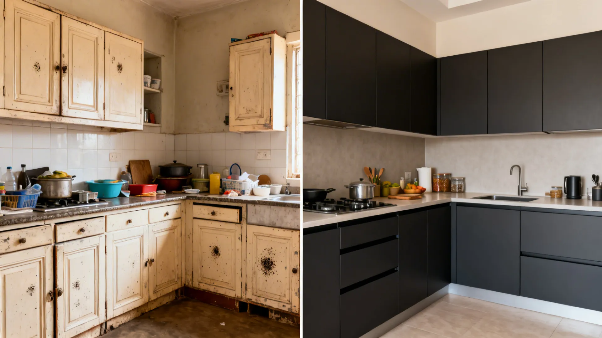 Before and after comparison showing old cabinets replaced by matte slab doors in a compact kitchen.