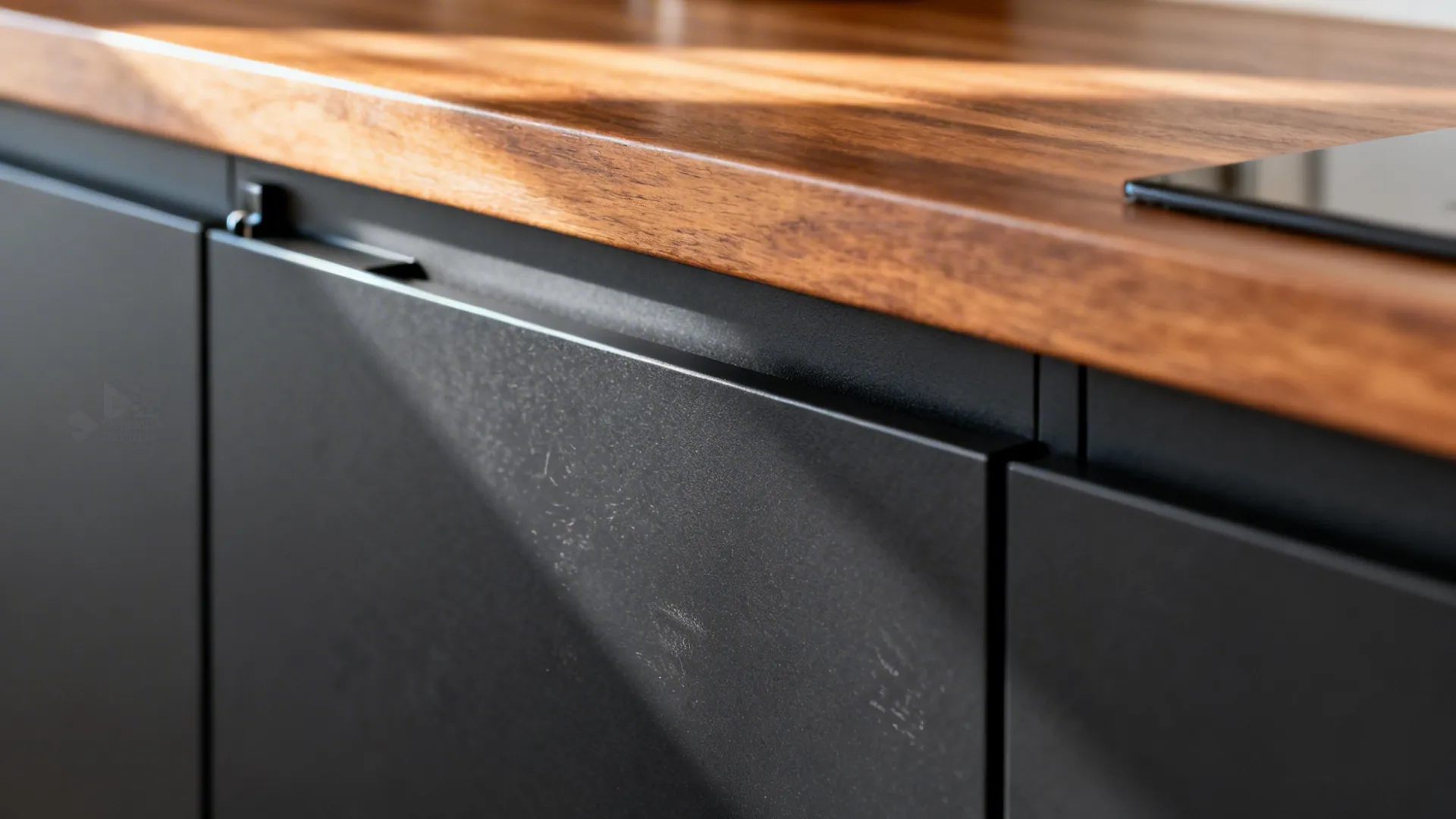 Macro view of matte dark slab cabinet doors with anti-fingerprint laminate and concealed pull.