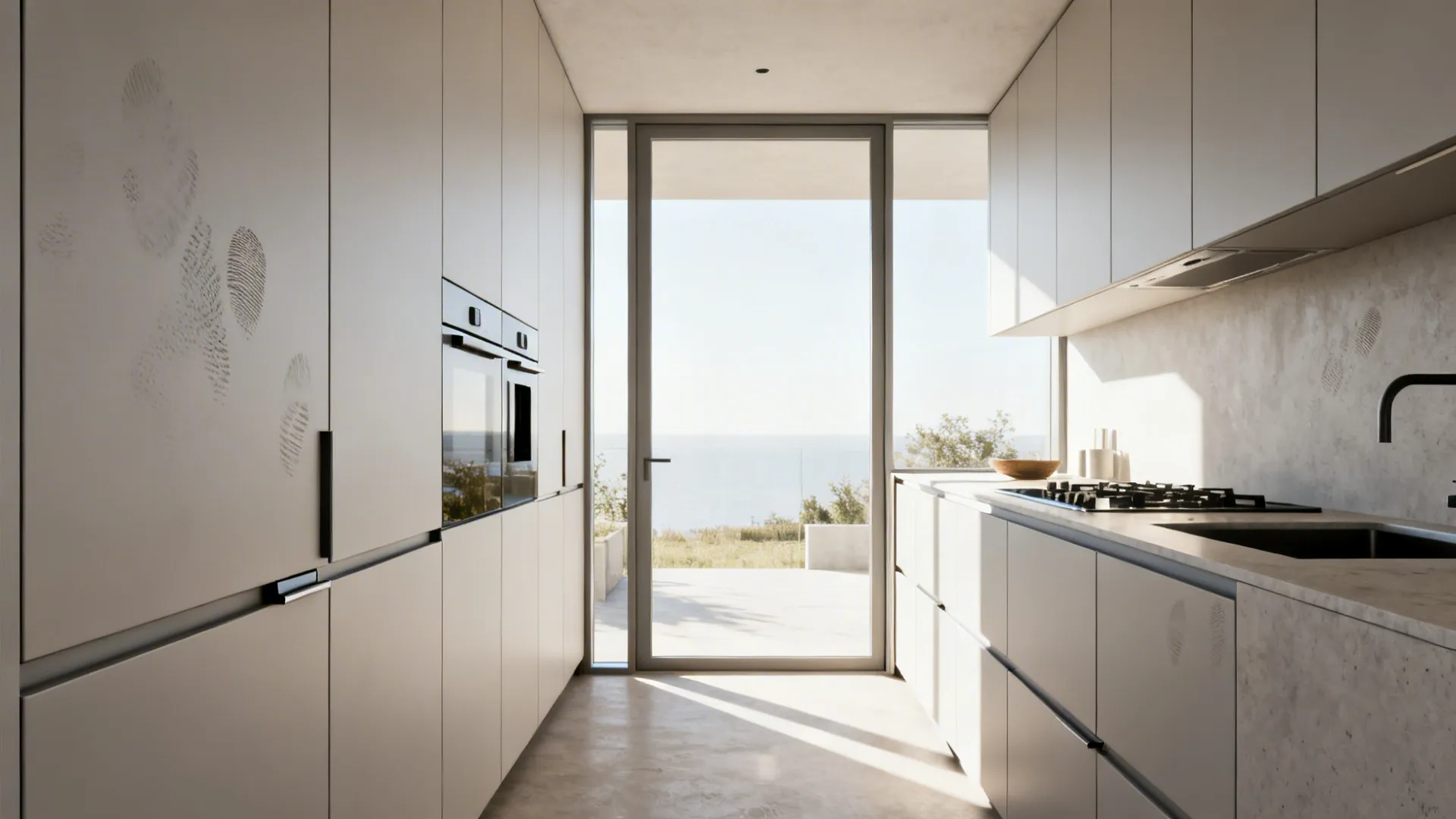 Compact kitchen with modern flat slab cabinet doors and minimal pulls under soft daylight.