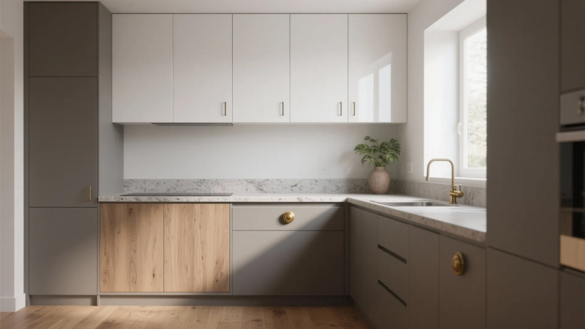 Minimalist kitchen featuring white upper cabinets grey lower cabinets marble countertop and a gold sink faucet