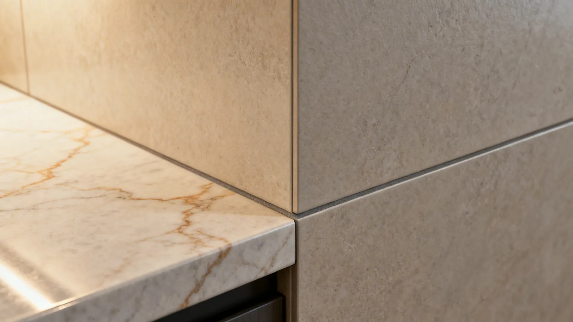 Macro of matte porcelain slab backsplash with subtle warm veining at the countertop seam.