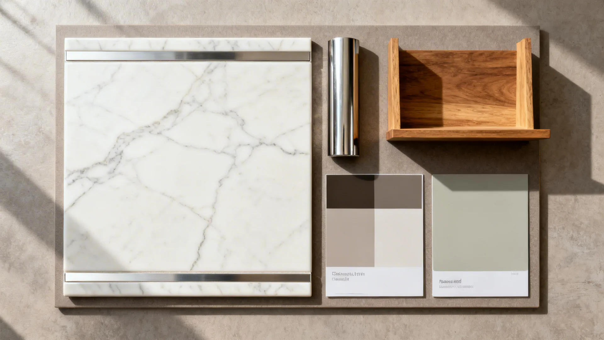 Flat lay with off-white veined porcelain slab sample, stainless, wood, and paint chips.