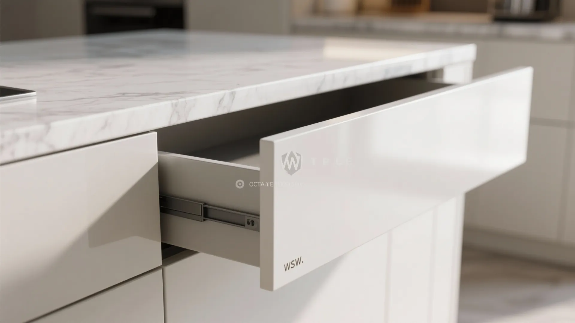 Close up of an open white cabinet drawer under a white marble kitchen island countertop