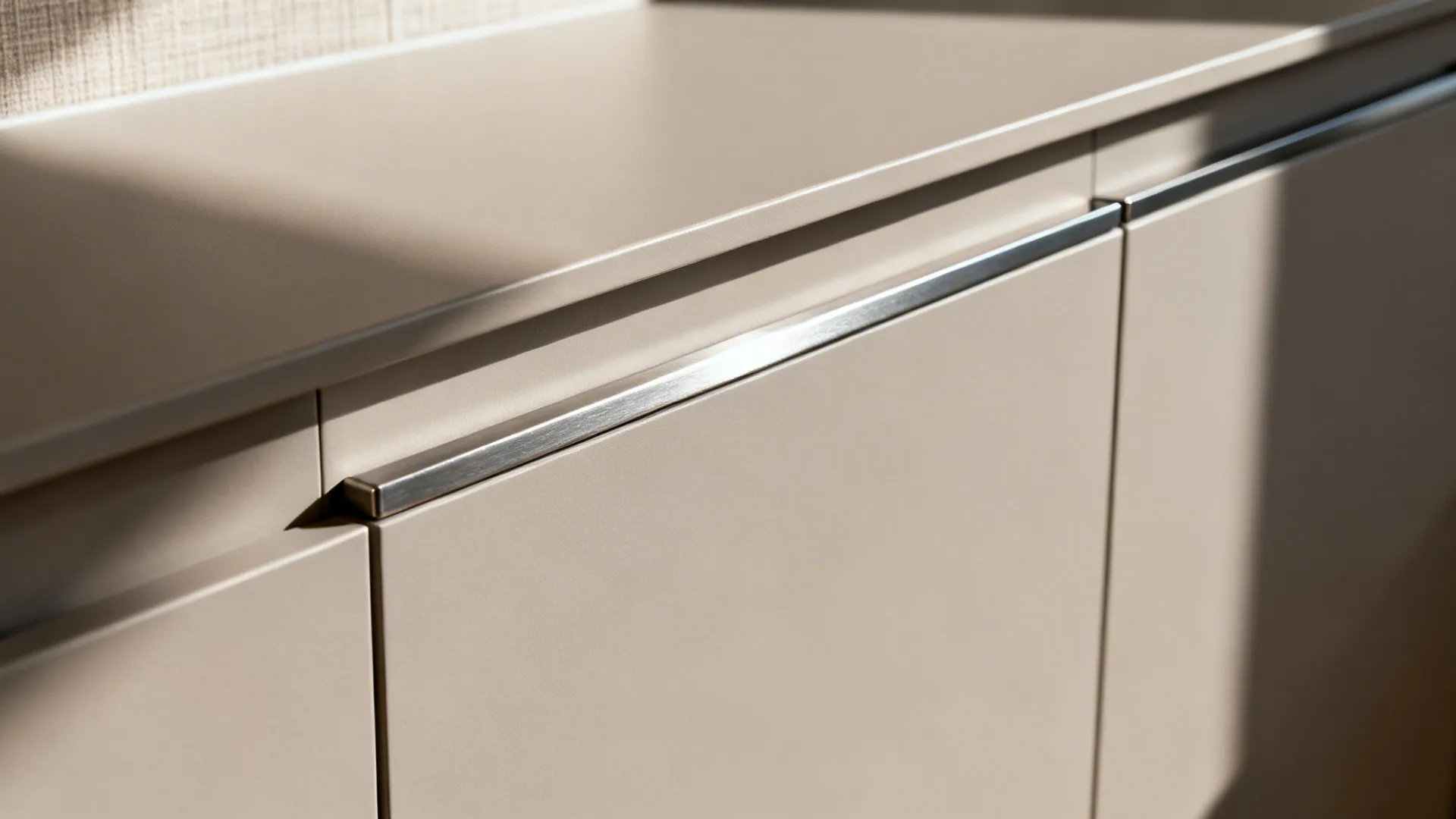 Macro view of a matte slab cabinet with integrated finger pull and subtle texture.