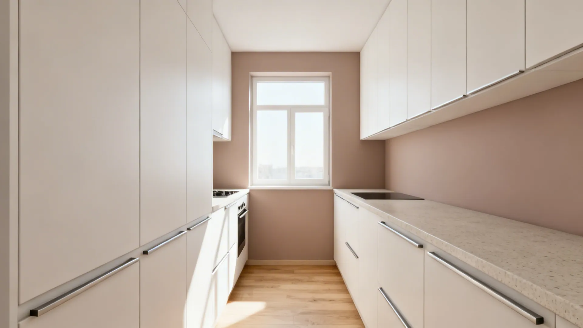 Minimal warm white slab-front kitchen cabinets with continuous slim hardware in a bright galley.