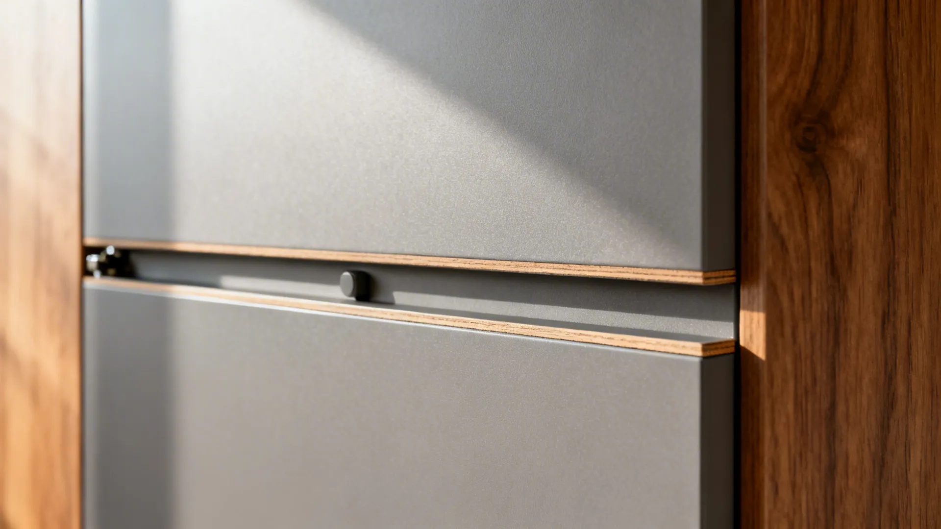 Close up of grey kitchen cabinet doors with natural wood edges and a small handle