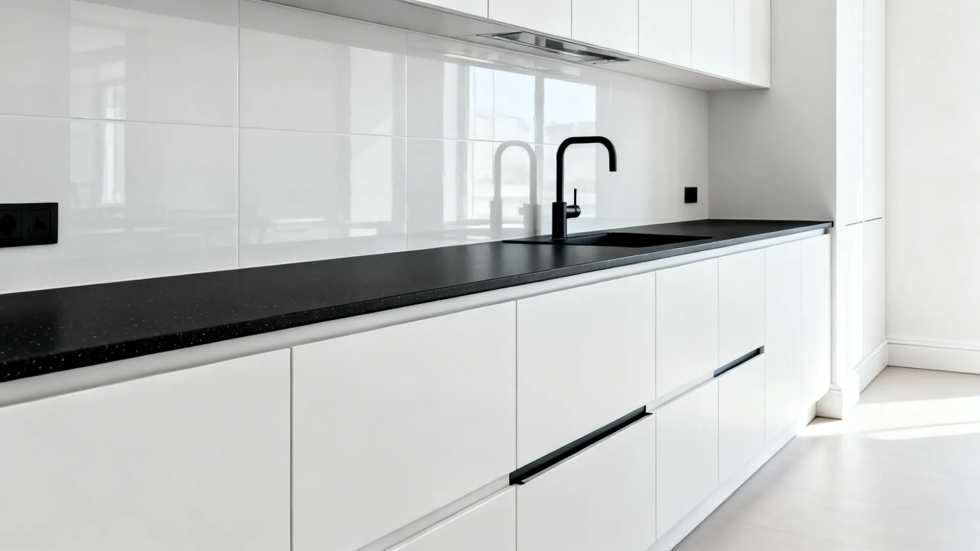 Streamlined galley kitchen with white slab fronts and a slim black quartz countertop.