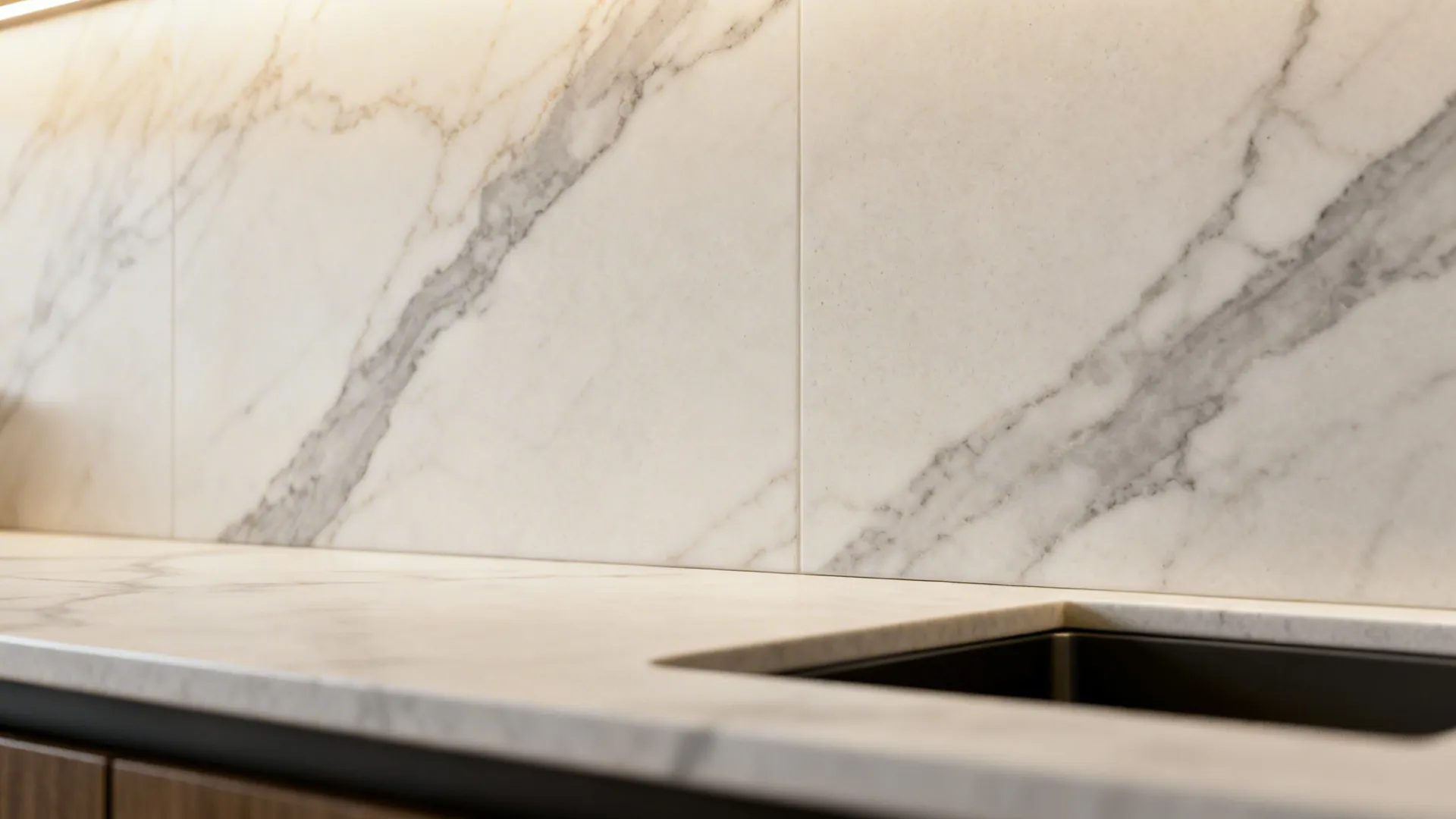 Macro of honed porcelain slab backsplash with subtle veining and clean countertop edge.