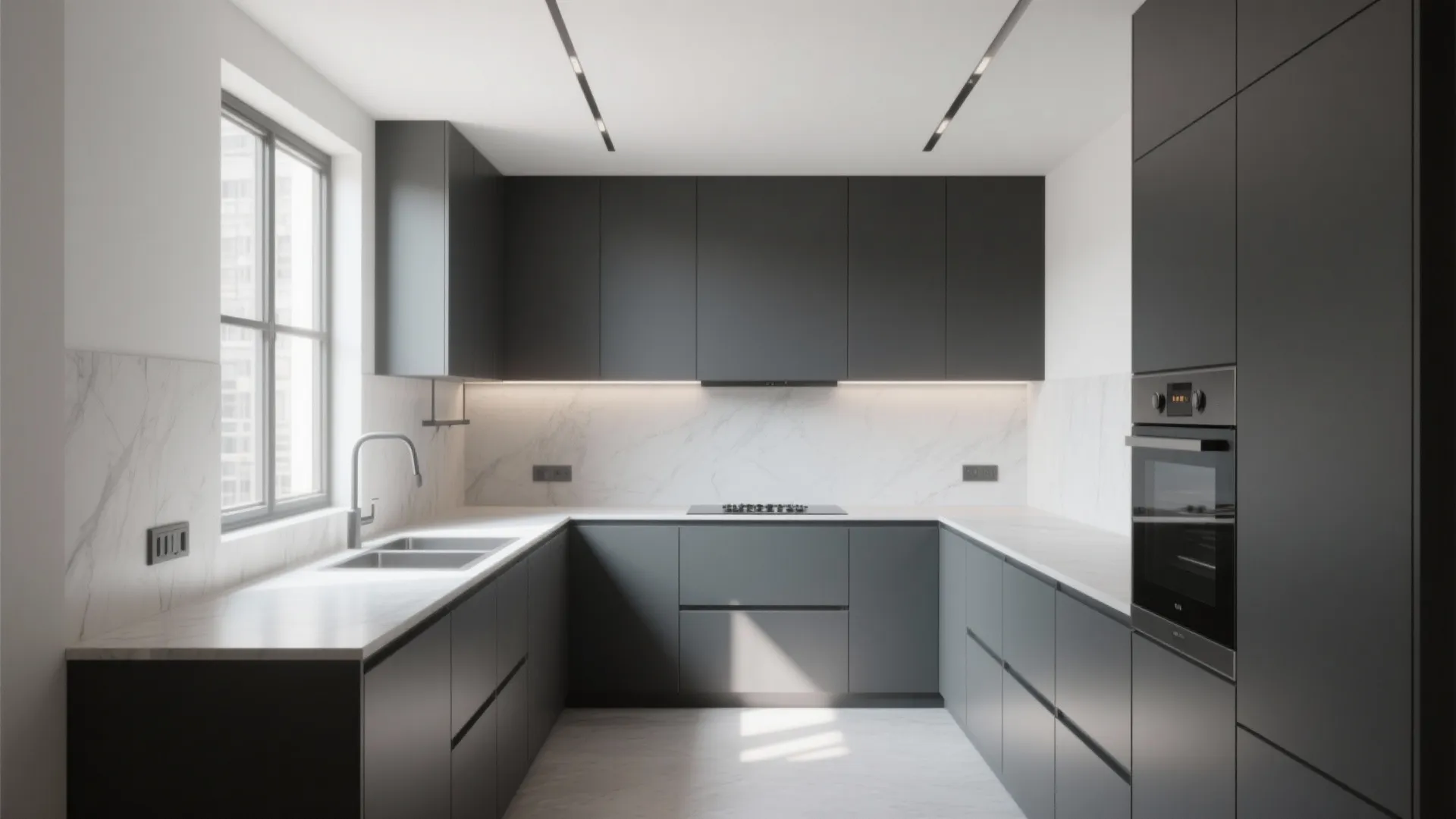 Modern small kitchen with dark grey slab fronts and integrated handle grooves