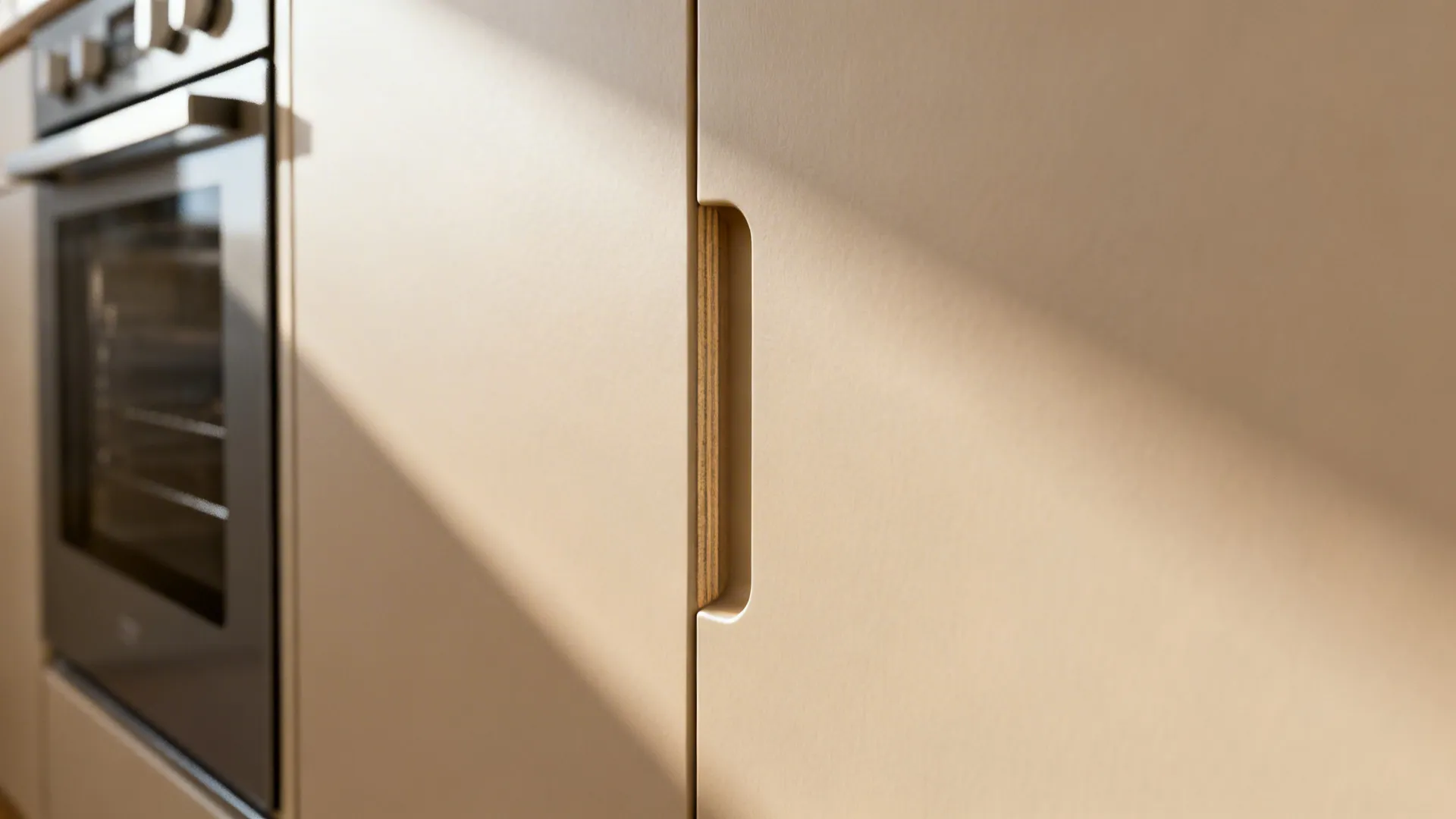 Macro of a matte slab cabinet door with integrated finger pull and clean edge banding.