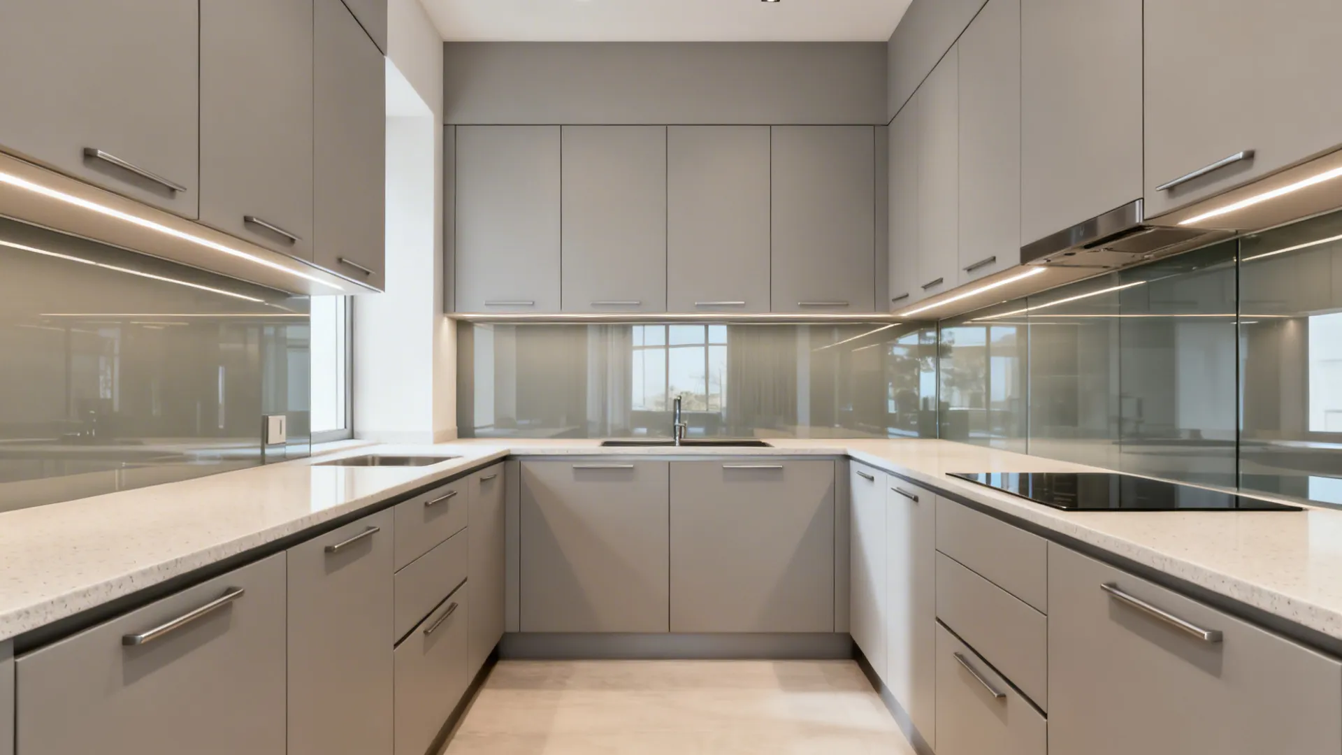 Modern grey kitchen with flat panel cabinets under cabinet lighting and clean white stone countertops