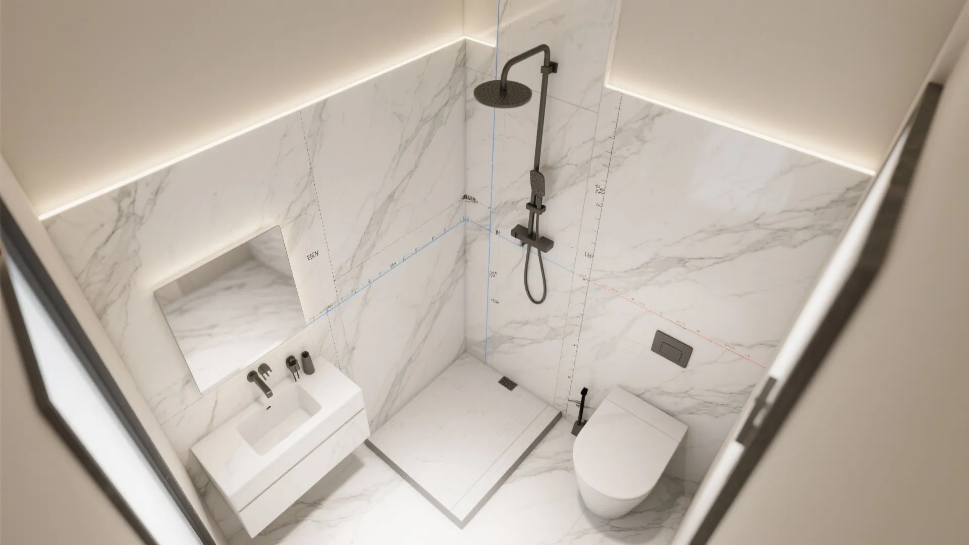 Top-down plan showing L-shaped shower walls and panel joins for large-format slabs.