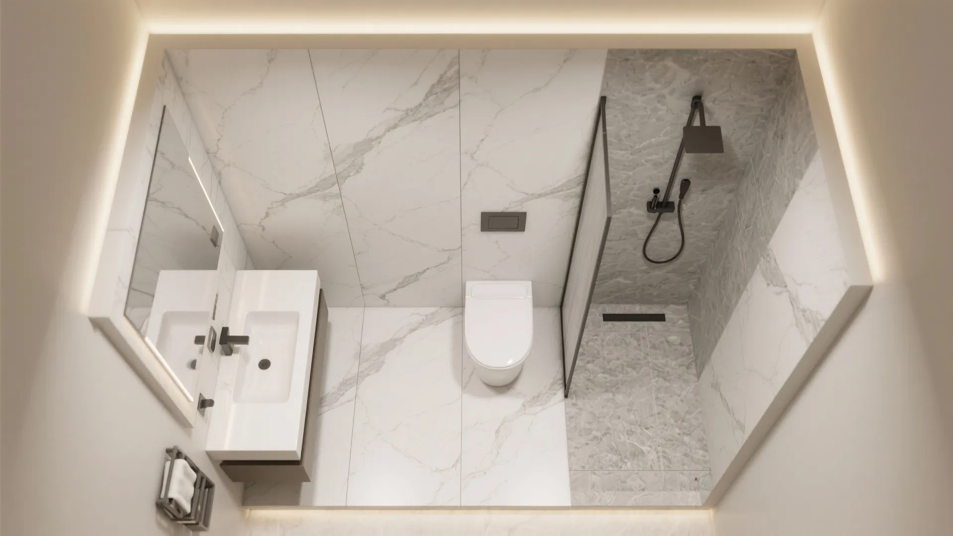 Top-down view showing aligned large-format slabs with minimal joints and bookmatched veining.