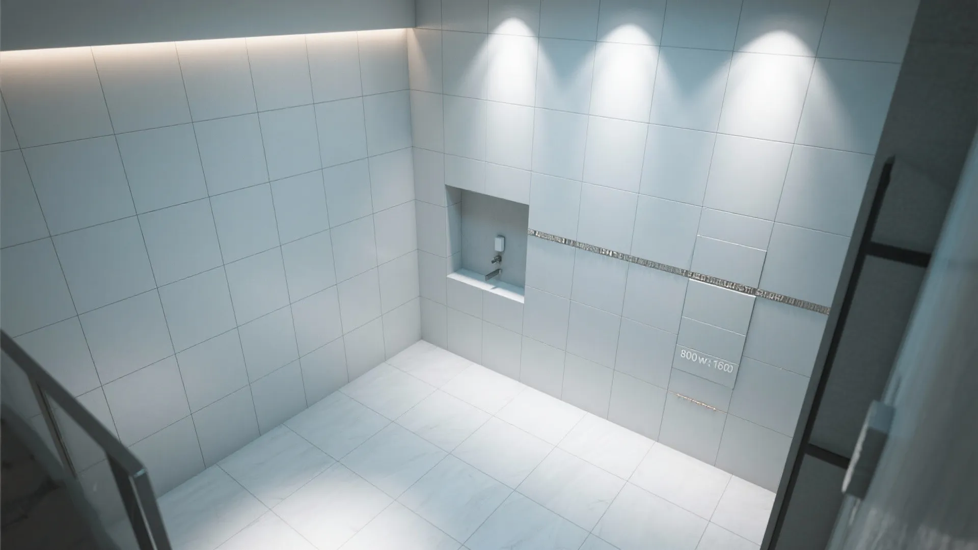 Interior design drawing of a white tiled shower room with wall niche and bright ceiling lights